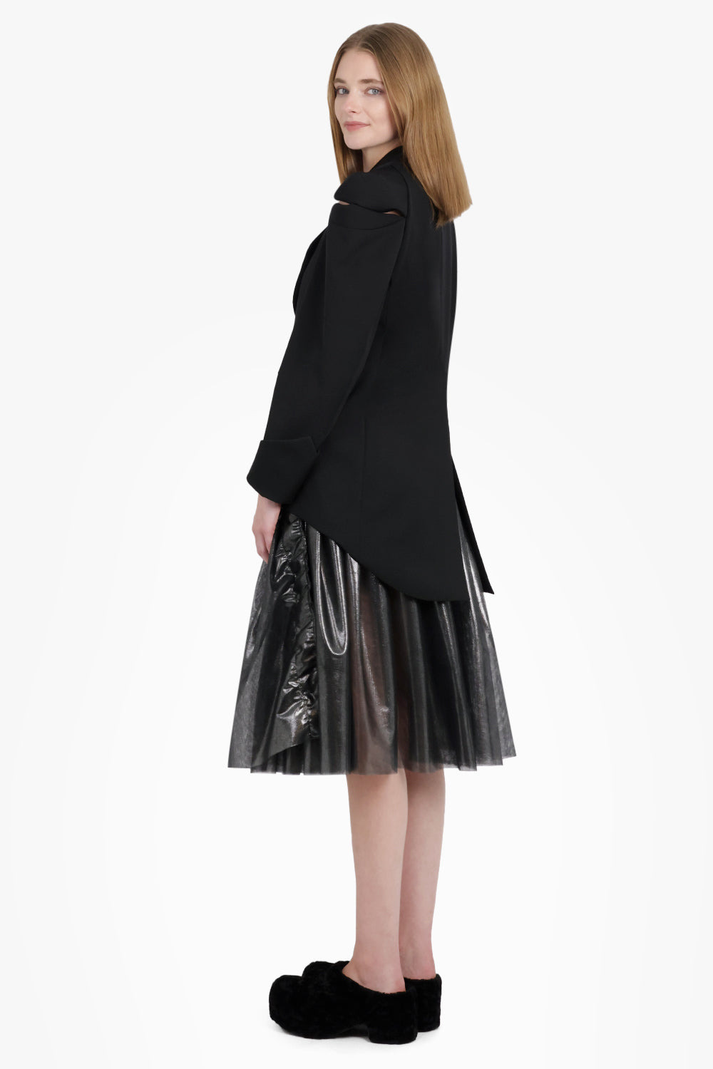FOILED PRINT TULLE GATHERED MIDI SKIRT | SILVER/BLACK - 6