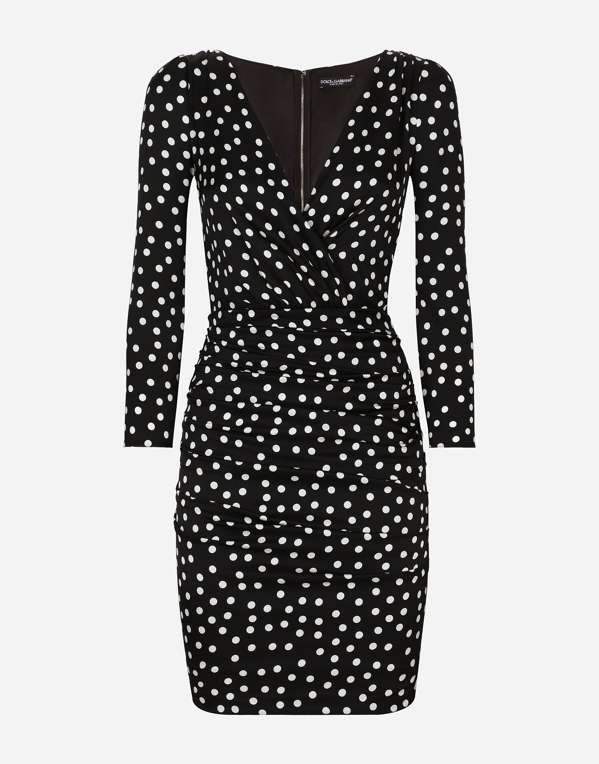 Short charmeuse dress with draped detailing and micro polka-dot print - 1
