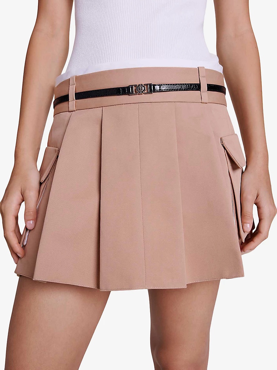 Buckle-embellished mid-rise pleated cotton mini skirt - 5