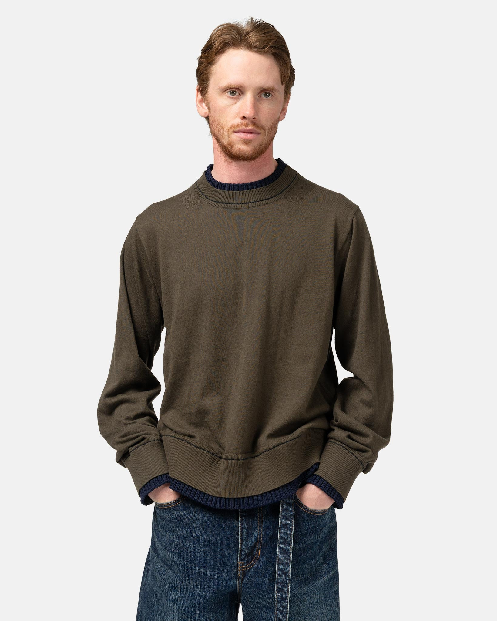 Cotton Cashmere Knit Pullover Khaki x Navy - 4