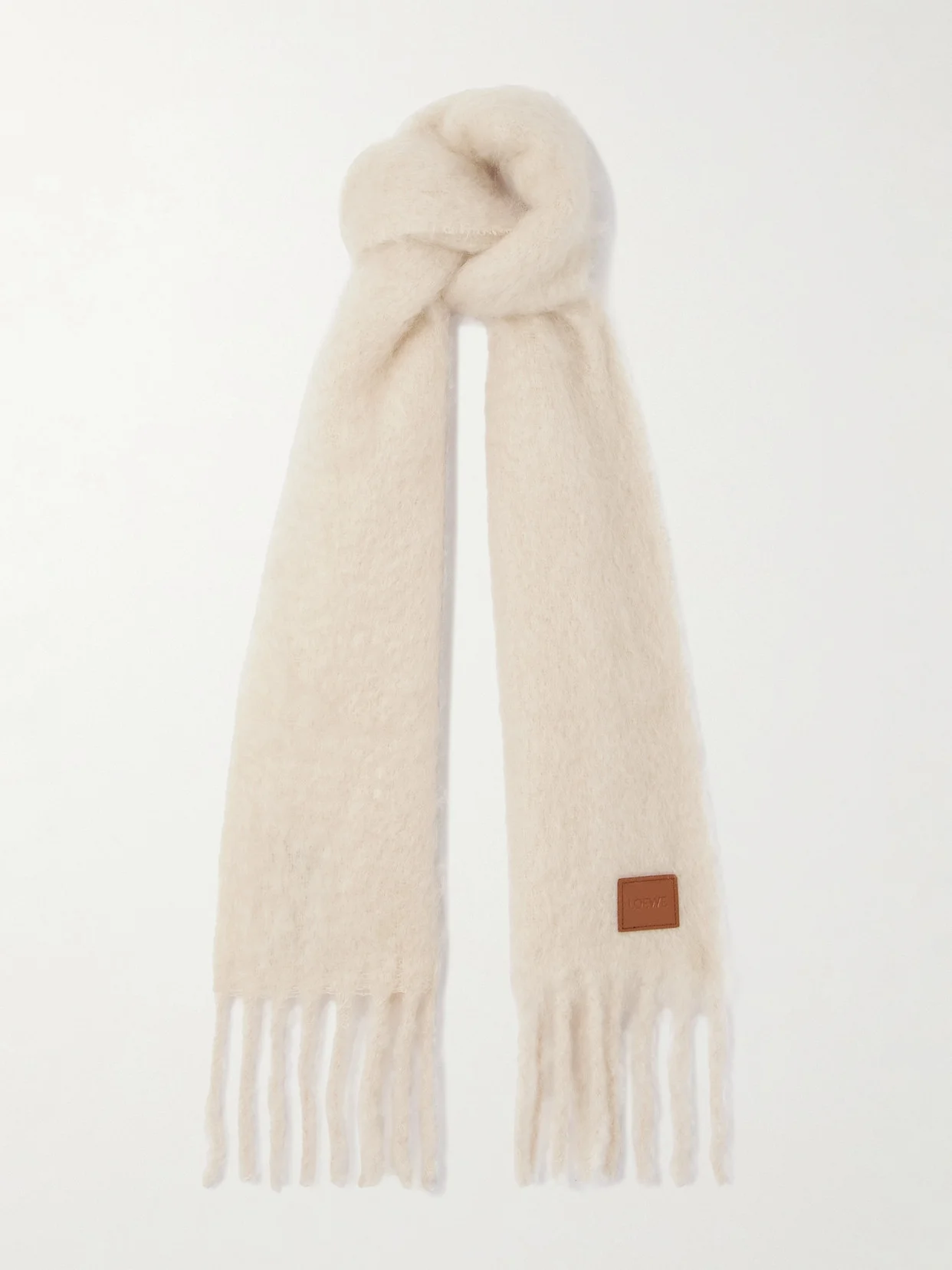 Fringed Appliquéd Leather-trimmed Brushed Mohair-blend Scarf - 1
