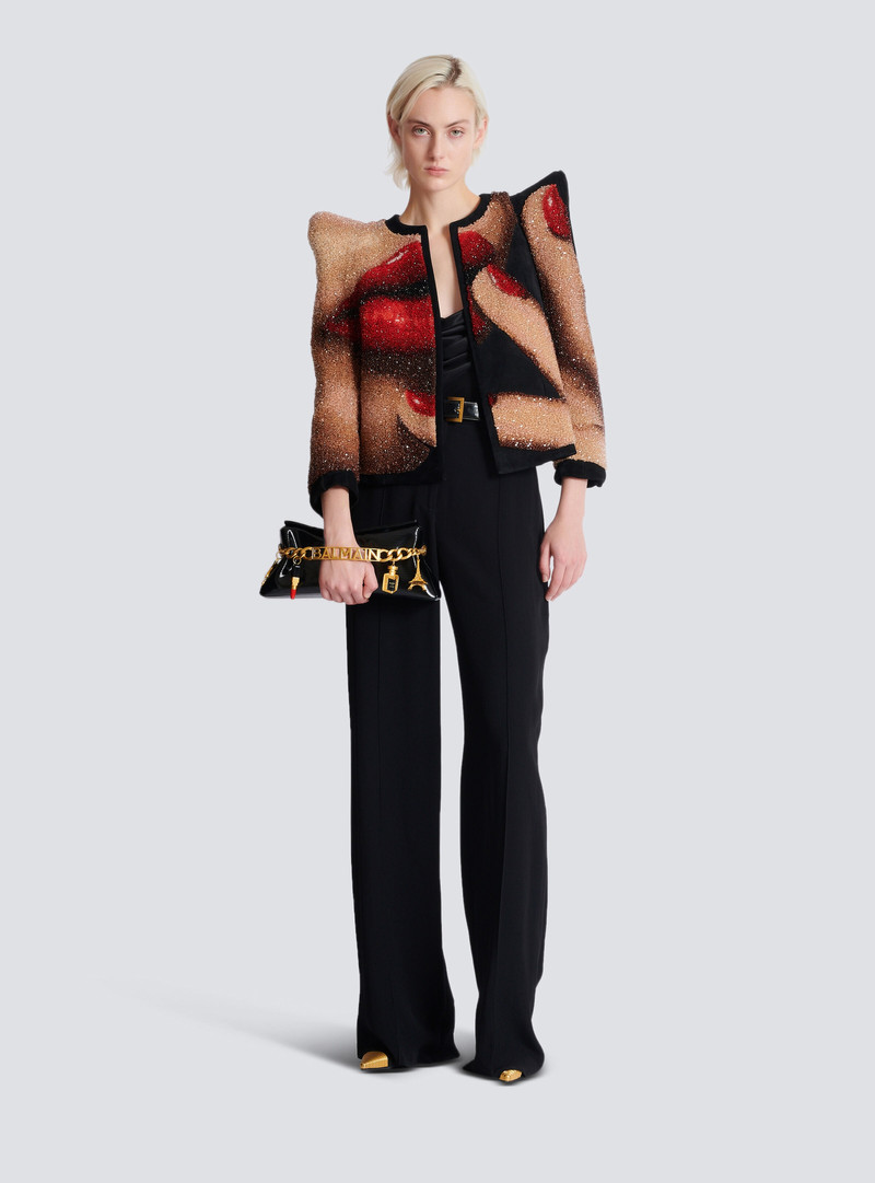 Balmain 1945 Soft clutch in striped patent leather outlook