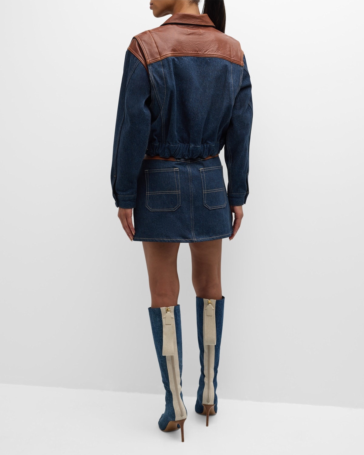 Atelier Denim and Leather Mini Skirt - 4