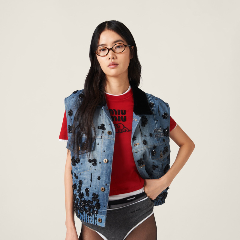 Embellished denim trucker vest 4