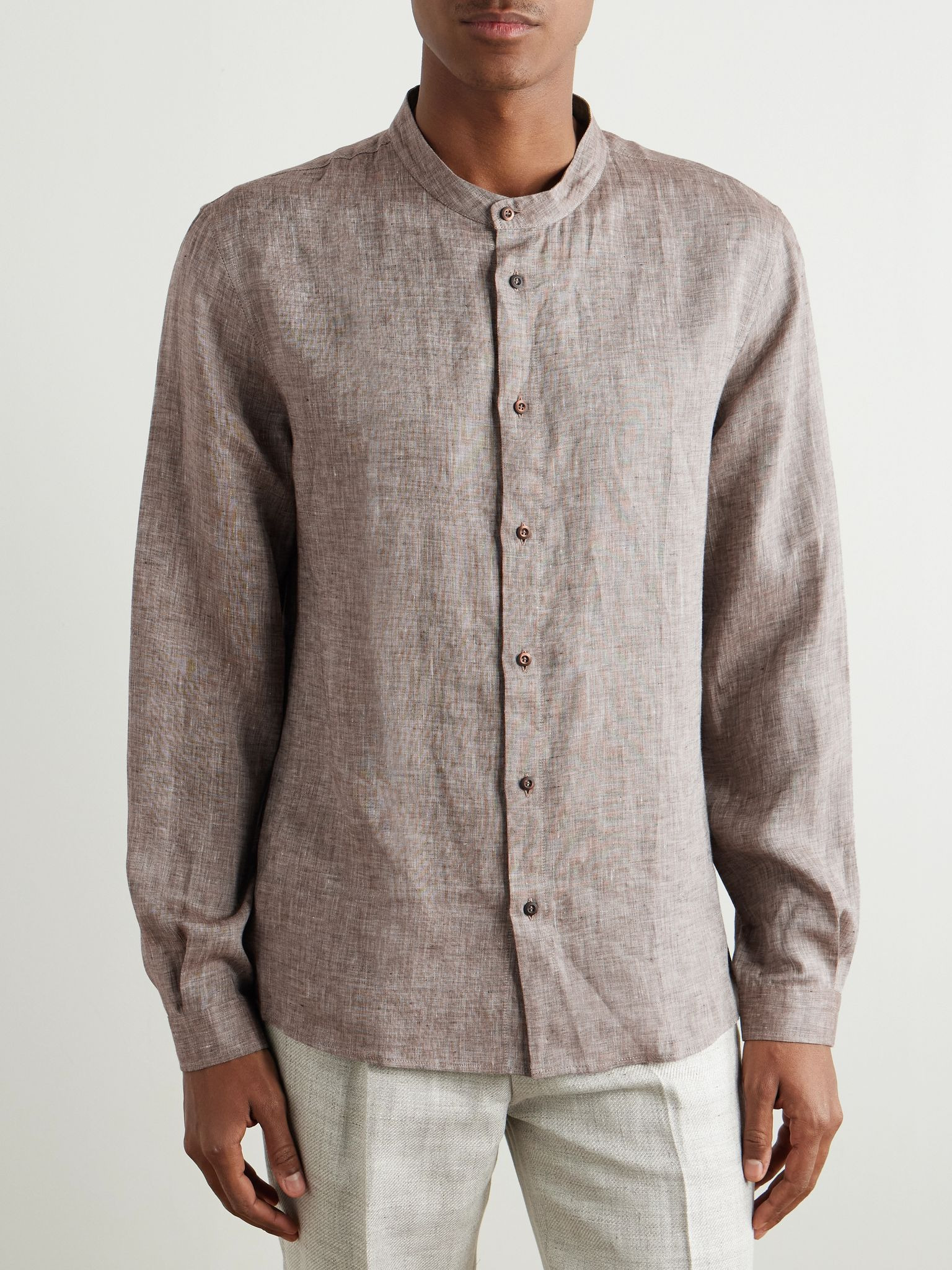 Grandad-Collar Linen Shirt Brown - 3