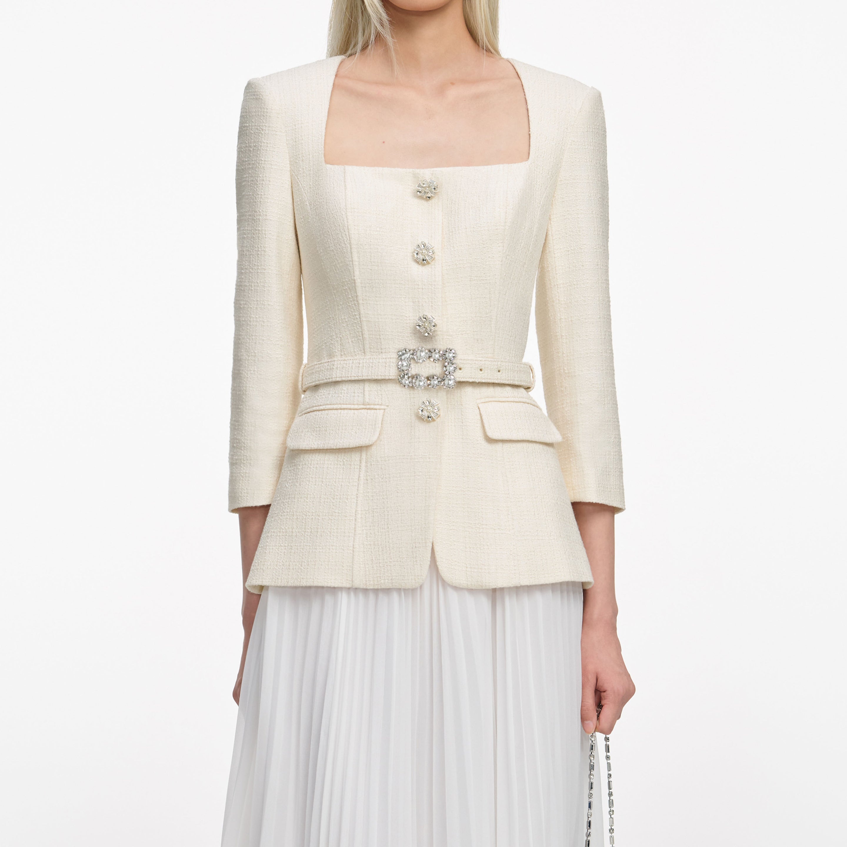 Cream Boucle Long Sleeve Chiffon Midi Dress - 4