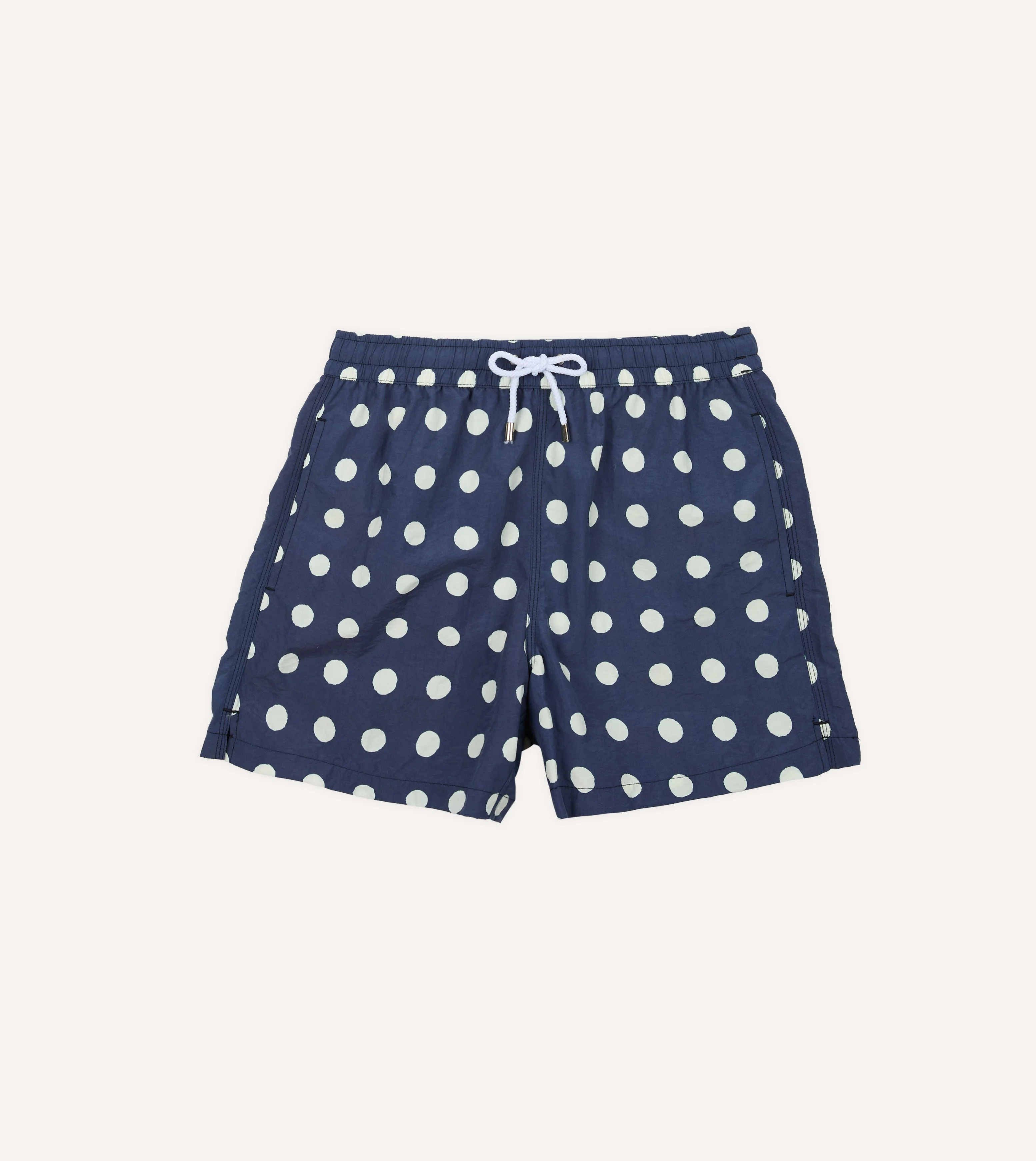 Navy Polka Dot Print Nylon Drawstring Swim Shorts - 1