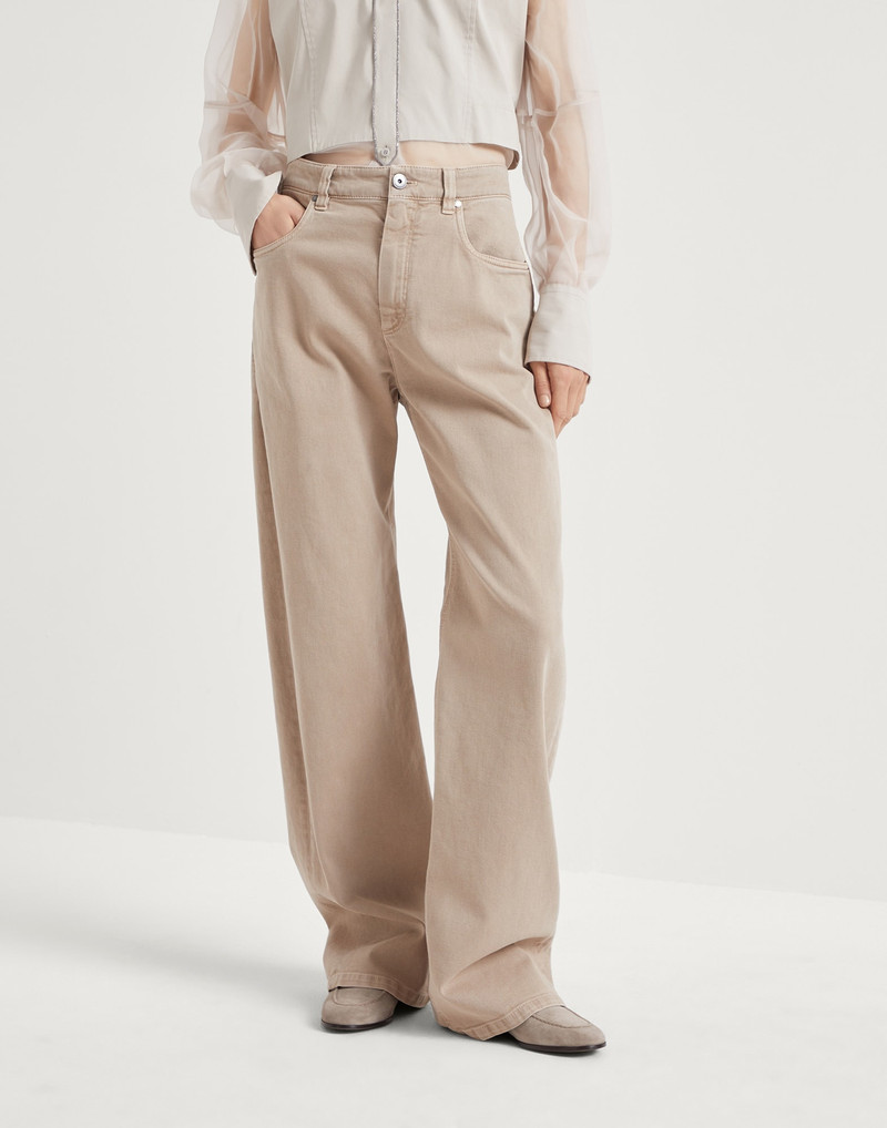 Garment-dyed comfort denim loose trousers with shiny tab 1