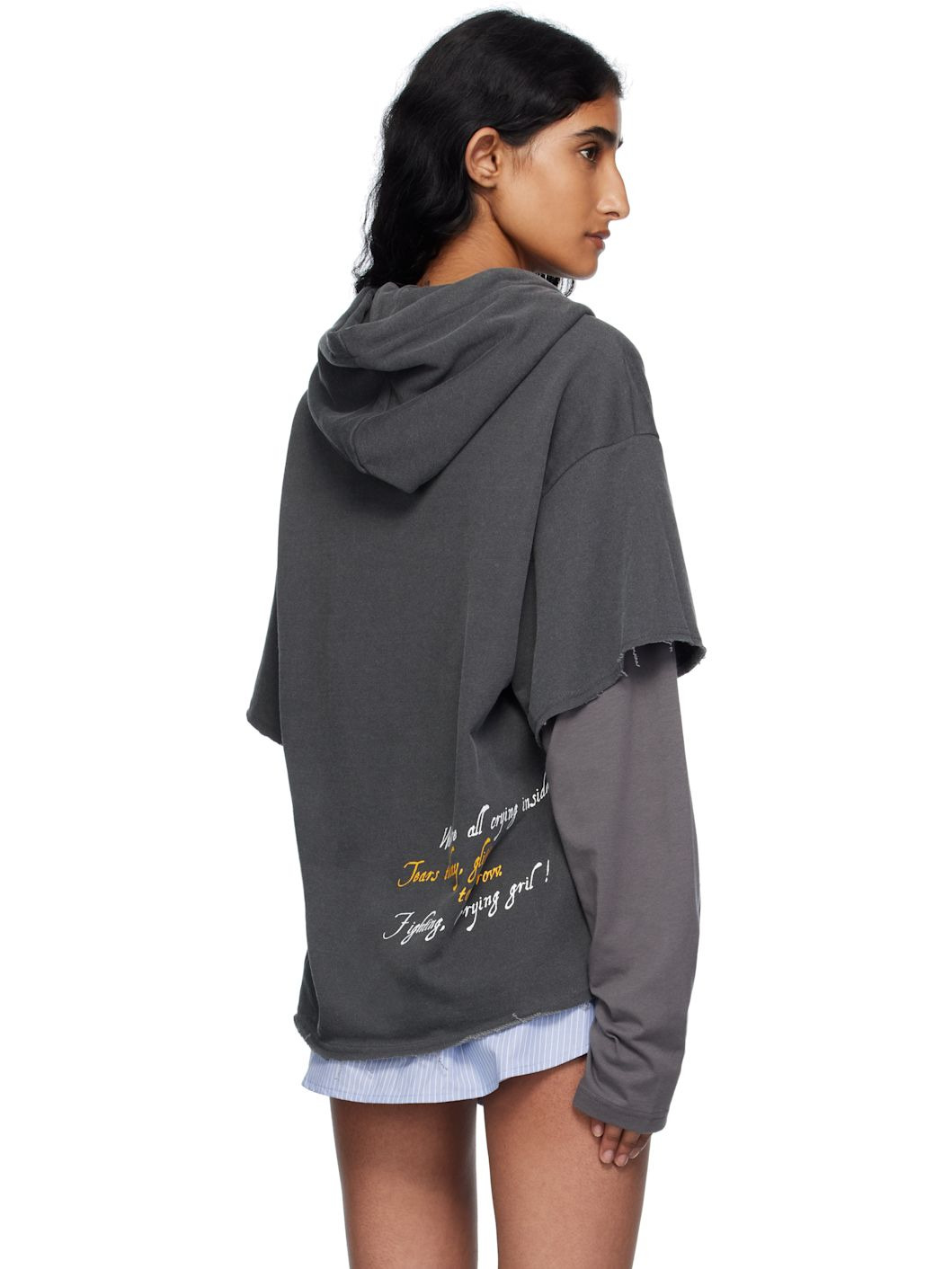 Gray Raw Edge Zip-Up Hoodie - 3
