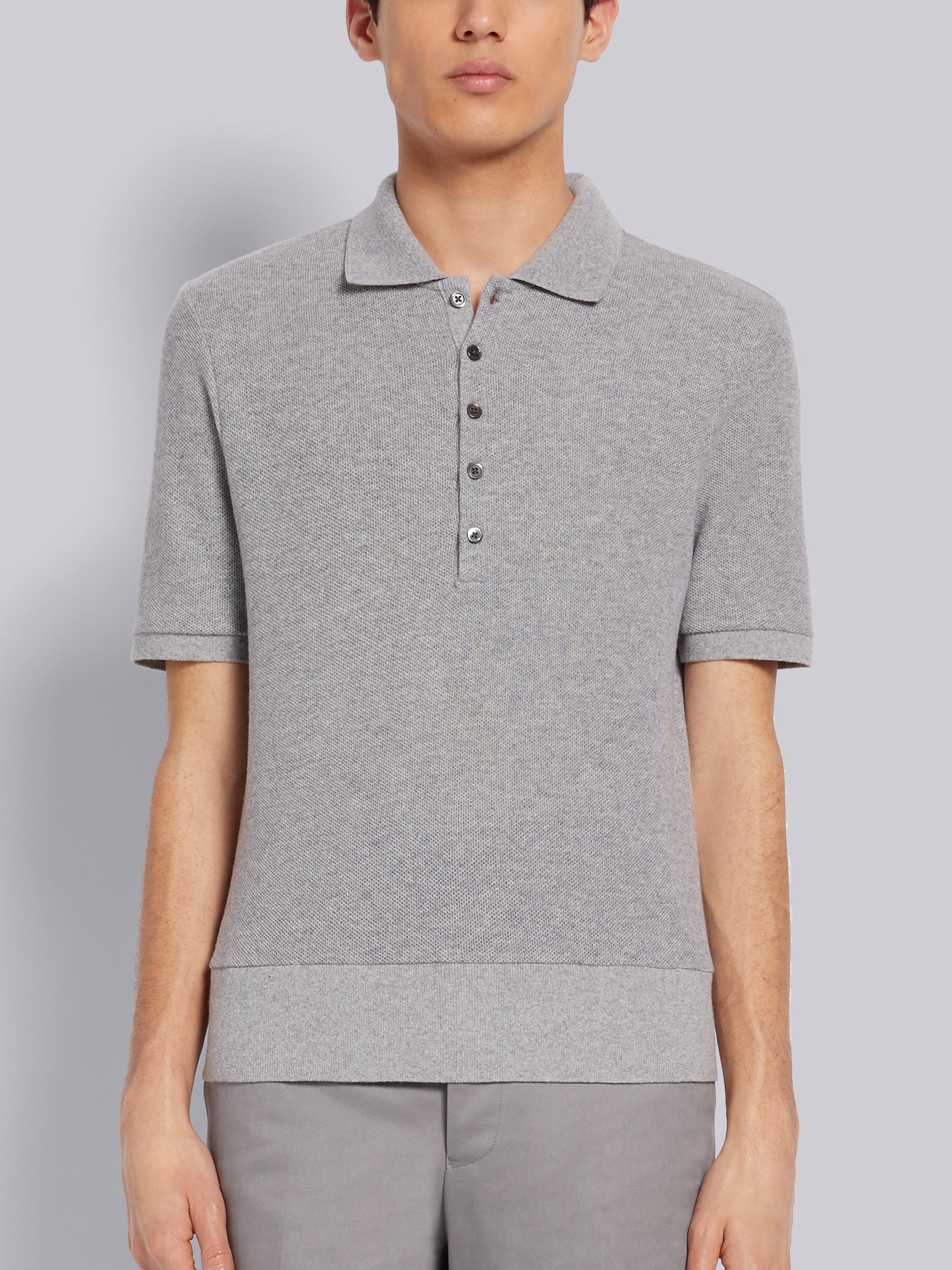 Light Grey Cashmere Pique Short Sleeve Rib Cuff Polo - 1