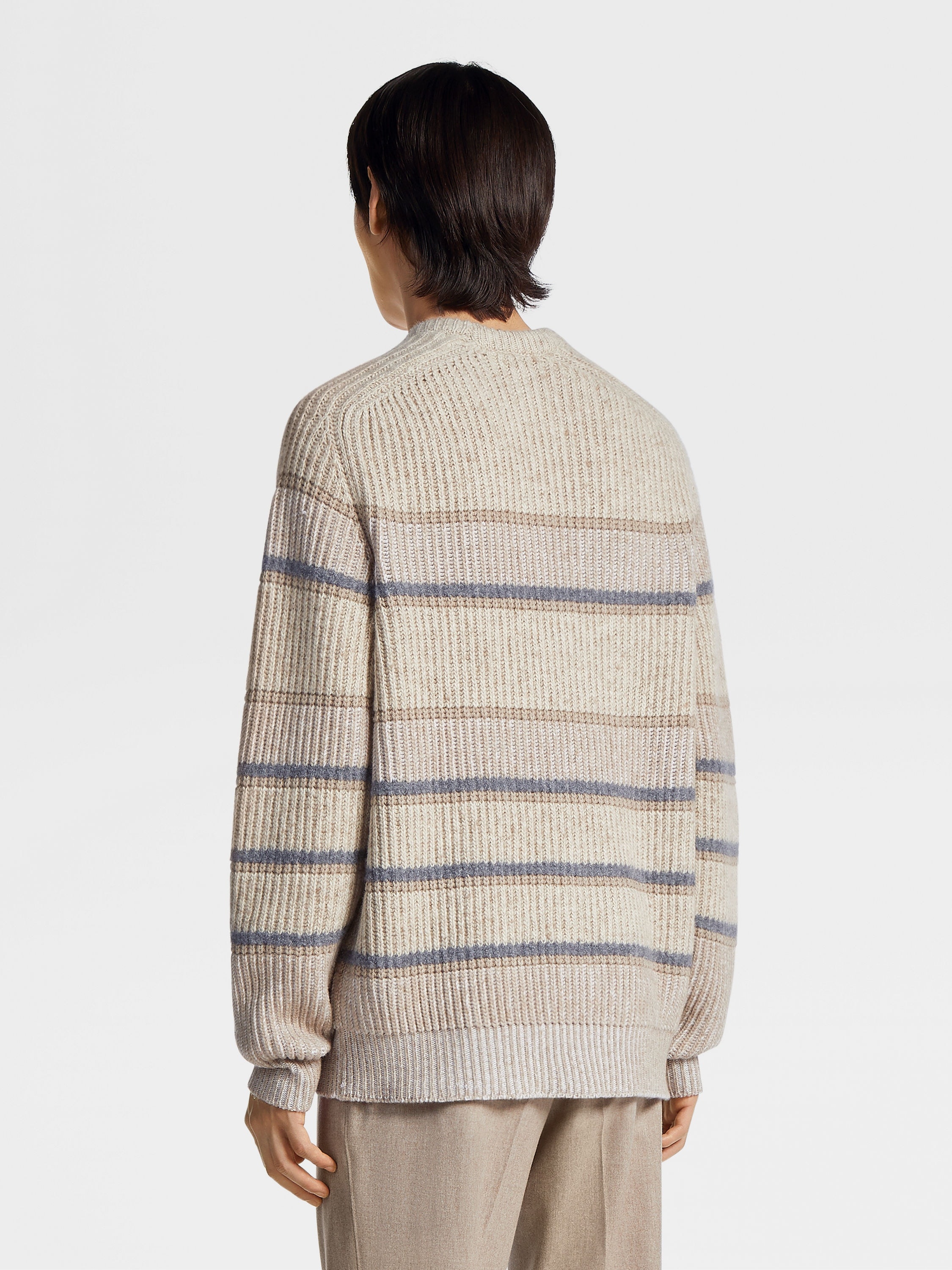 LIGHT TAUPE STRIPED CASHMERE AND SILK CREWNECK - 3