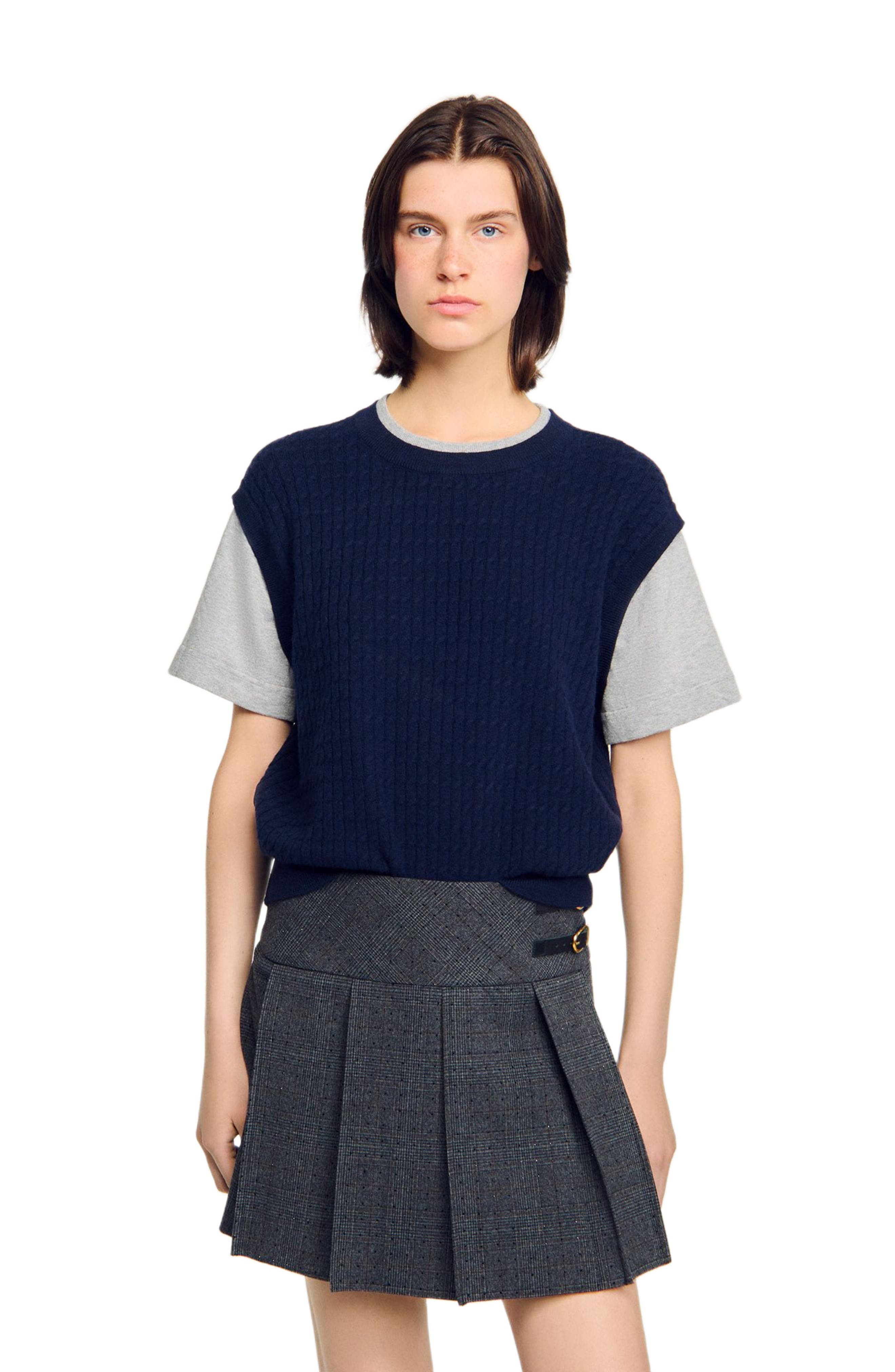 SANDRO Dual-material knit sweater in Navy /Grey at Nordstrom - 3
