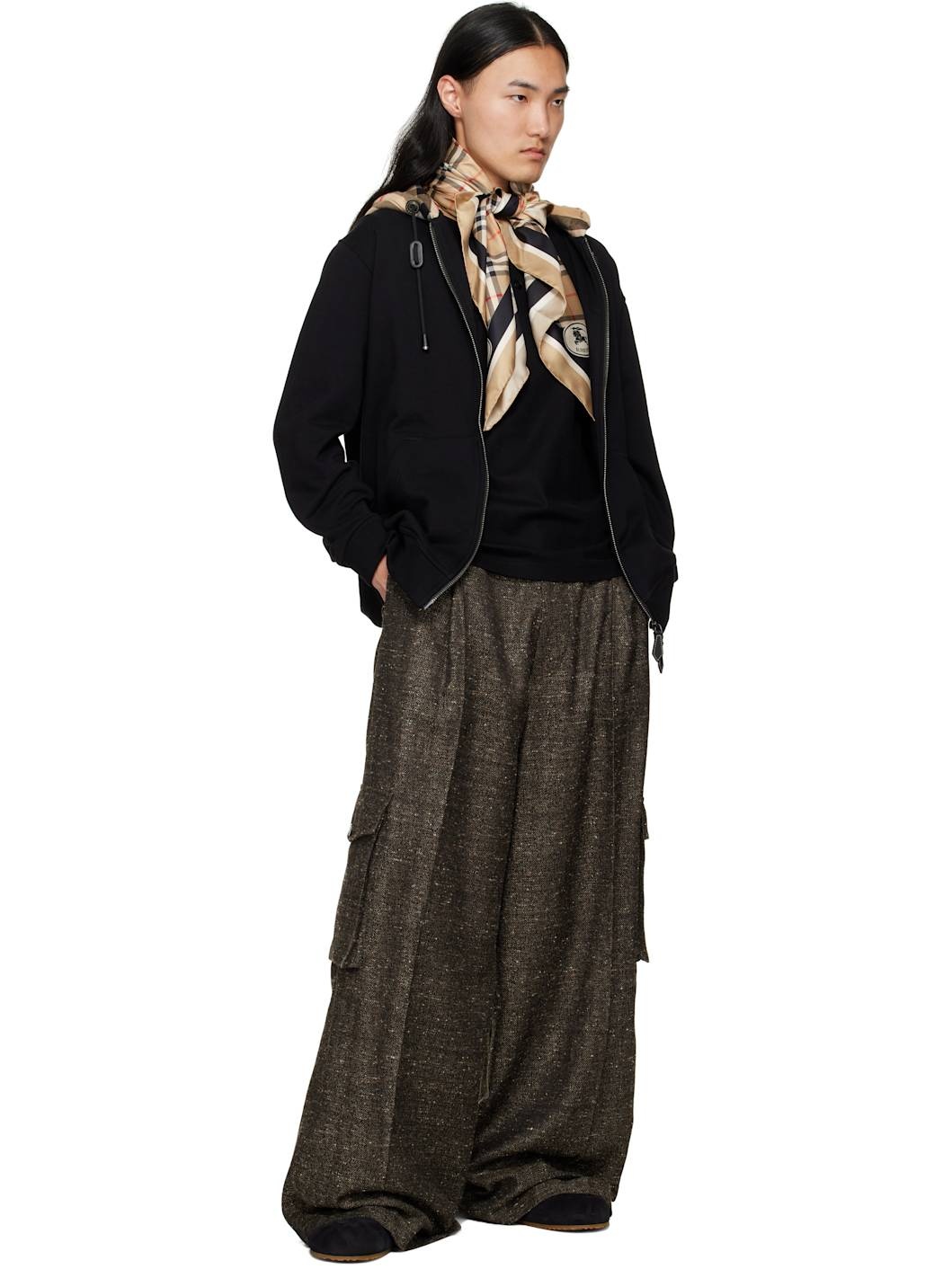 Beige Check Silk Scarf - 2