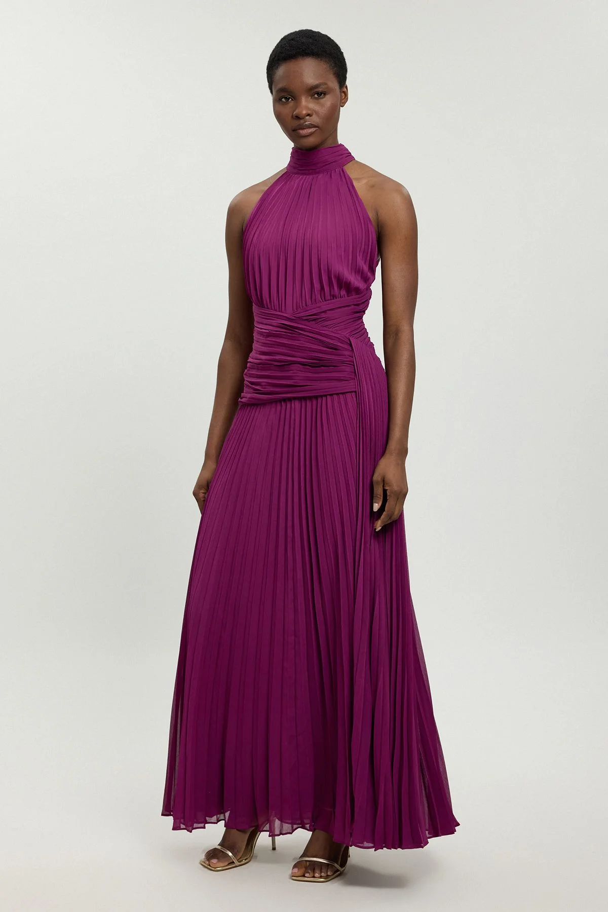 Pleated Twist Front Woven Halter Midi Dress - 1