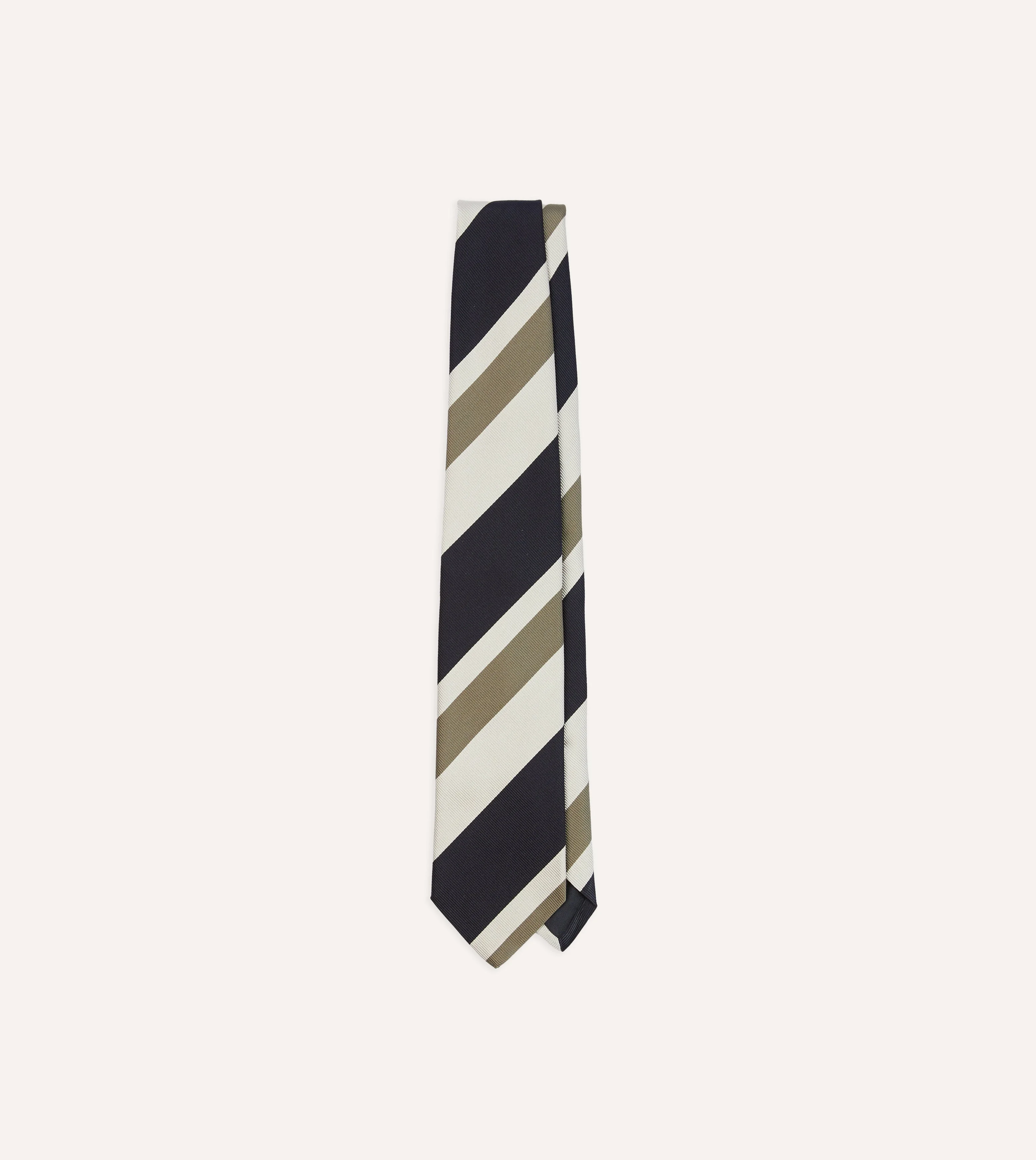 Navy and Olive Broad Stripe Silk Tipped Tie - 1