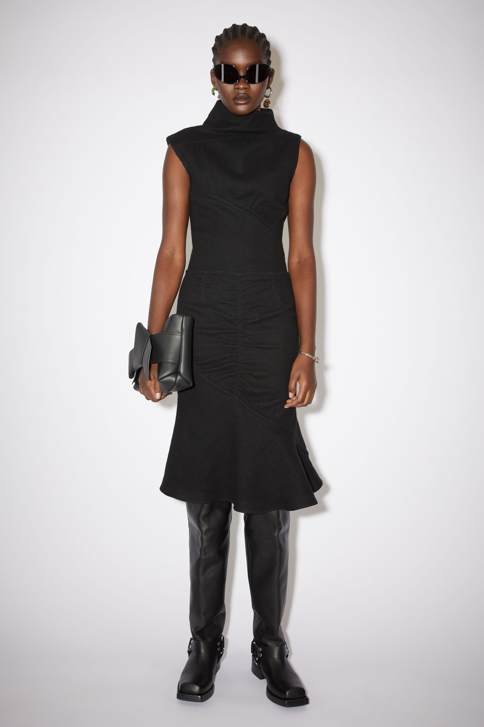 Asymmetric high neck wool dress - Black - 2
