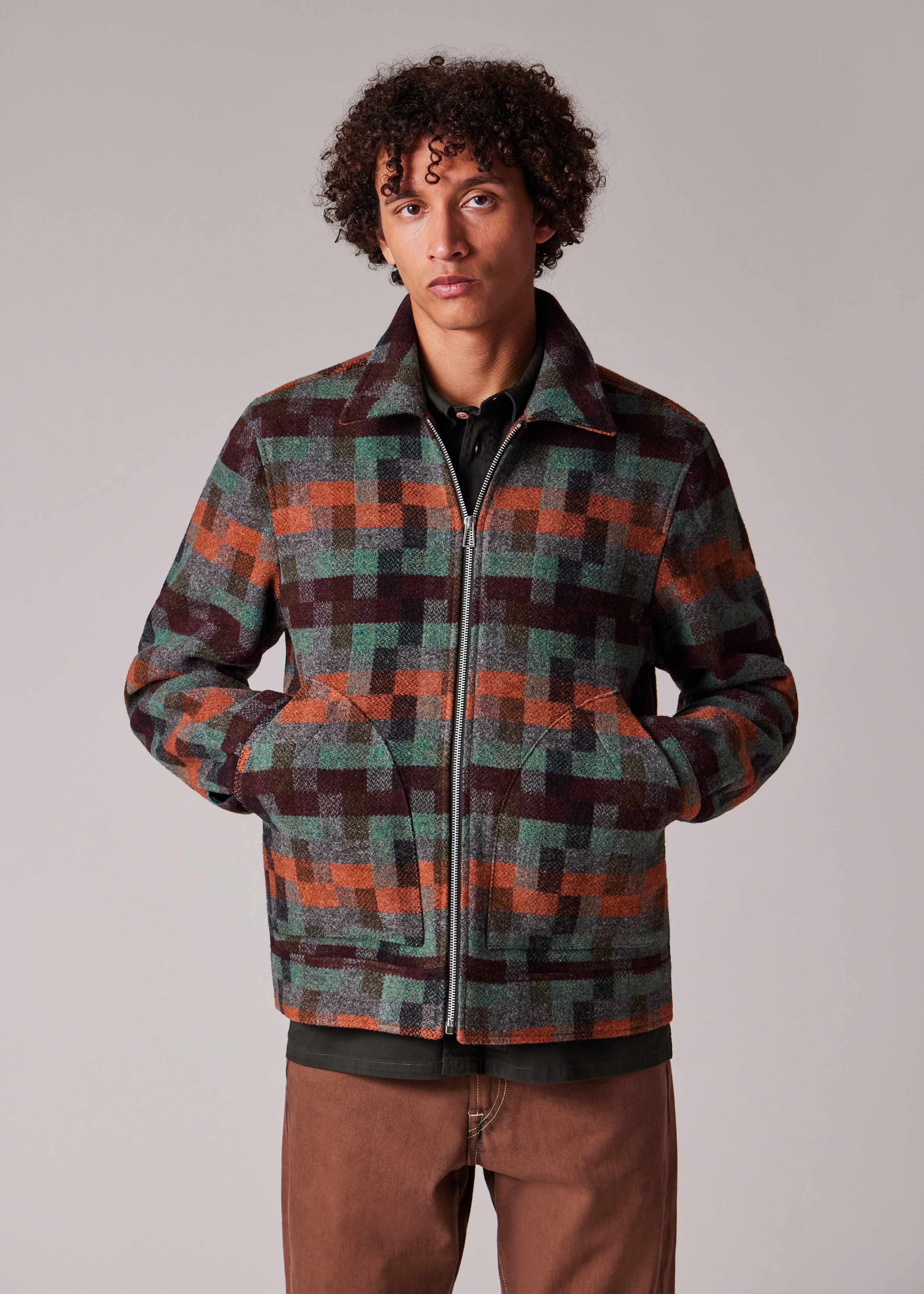 Teal Jacquard Check Wool Zip Jacket - 16