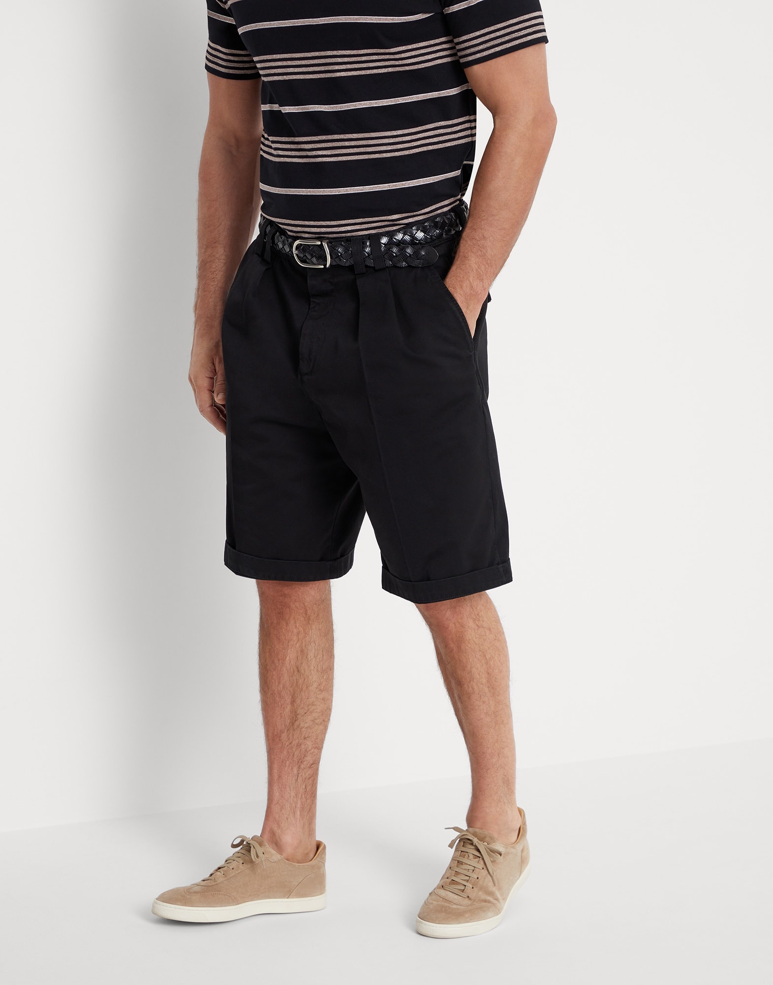 Garment-dyed Bermuda shorts in twisted cotton gabardine with box pleats - 1