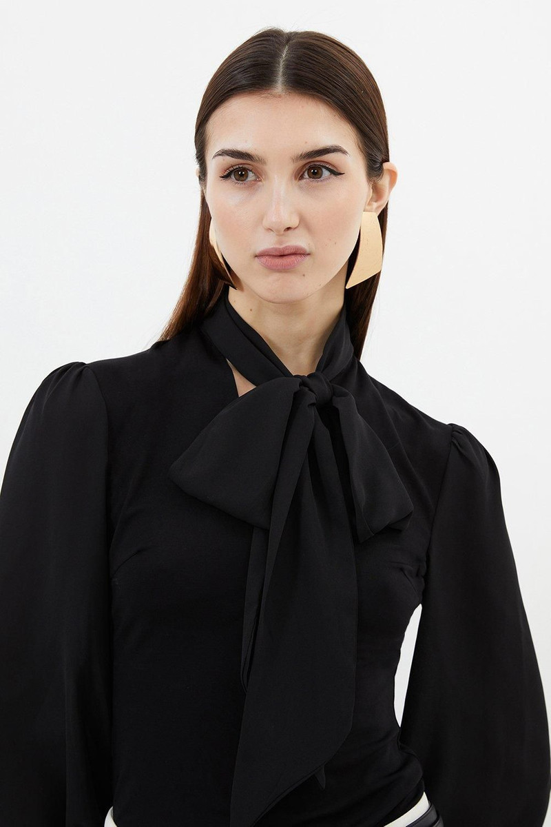 KAREN MILLEN Jersey Ponte And Georgette Mix Tie Neck Long Sleeve Bodysuit outlook