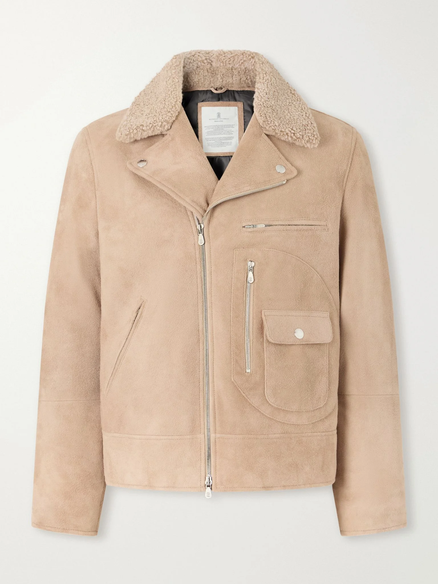 Shearling-Trimmed Suede Leather Biker Jacket Beige - 1