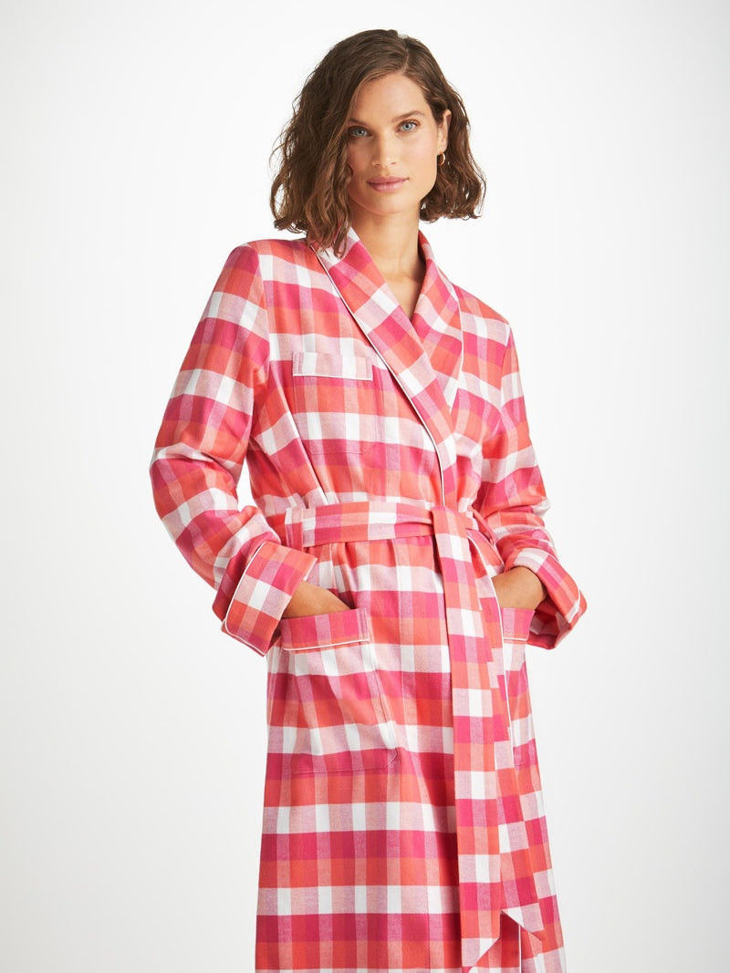 Derek Rose Women's Long Dressing Gown Kelburn 39 Brushed Cotton Pink outlook