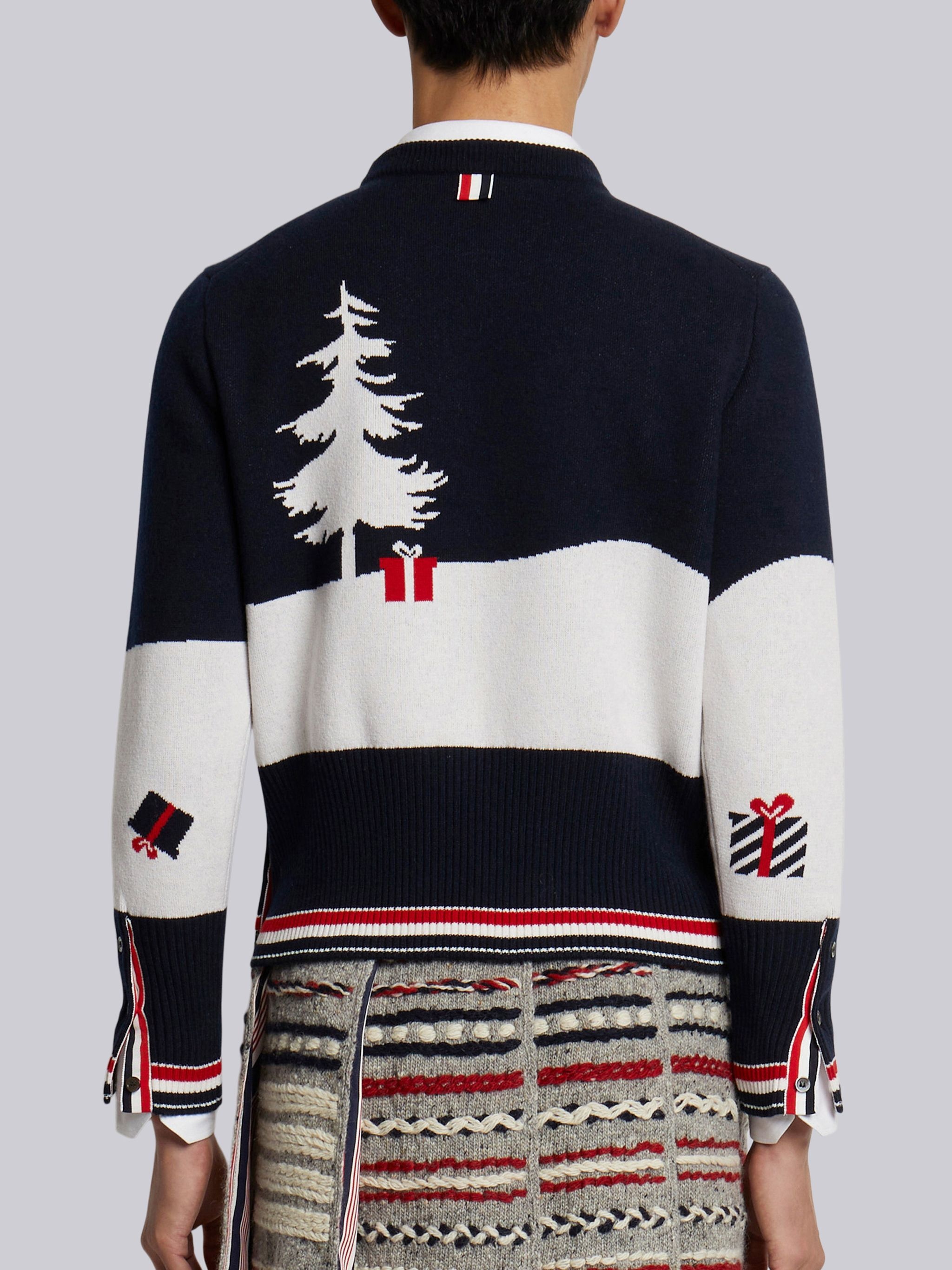 Multicolor Cashmere Snowman Tennis Scenery Jacquard Crew Neck Pullover - 3