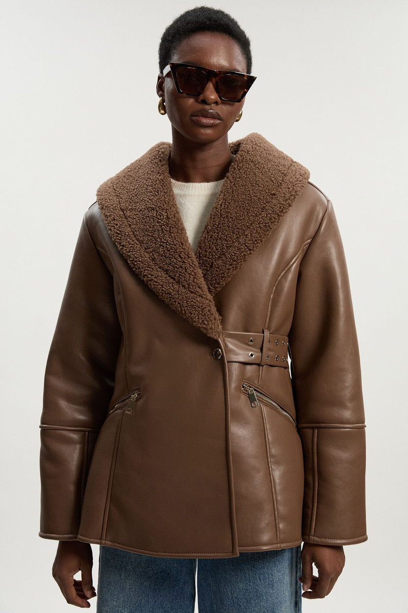 Faux Leather Bonded Waisted Peplum Coat 1