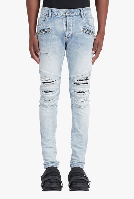 Slim cut ripped light blue cotton jeans with synthetic leather panels - 5