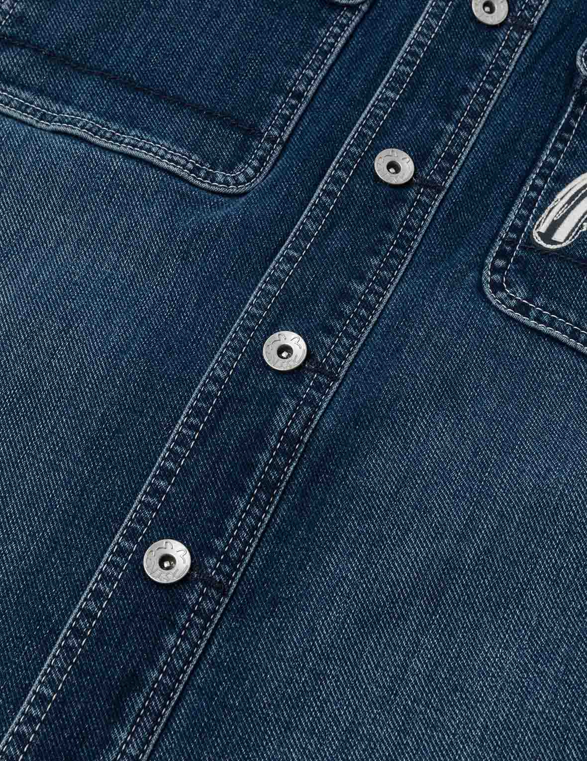 Washed Seagull Embroidery Regular Fit Denim Shirt - 7