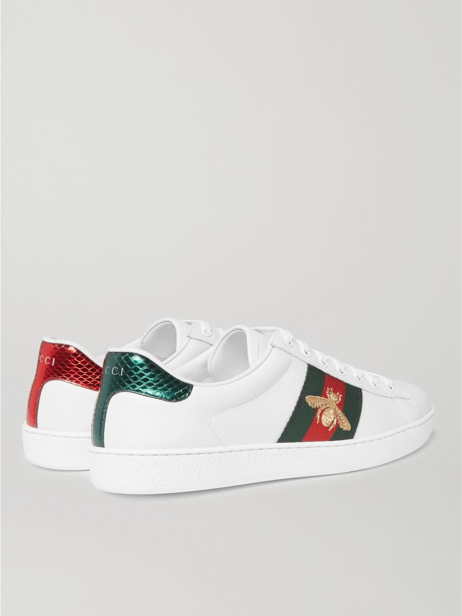 Ace Faux Watersnake-Trimmed Embroidered Leather Sneakers White - 5