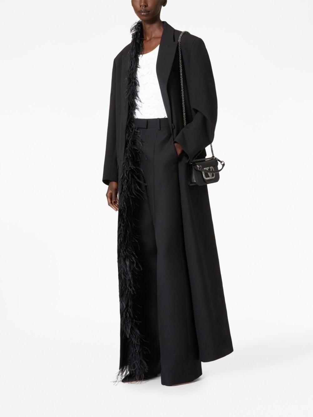 feather-trim long wool coat - 2