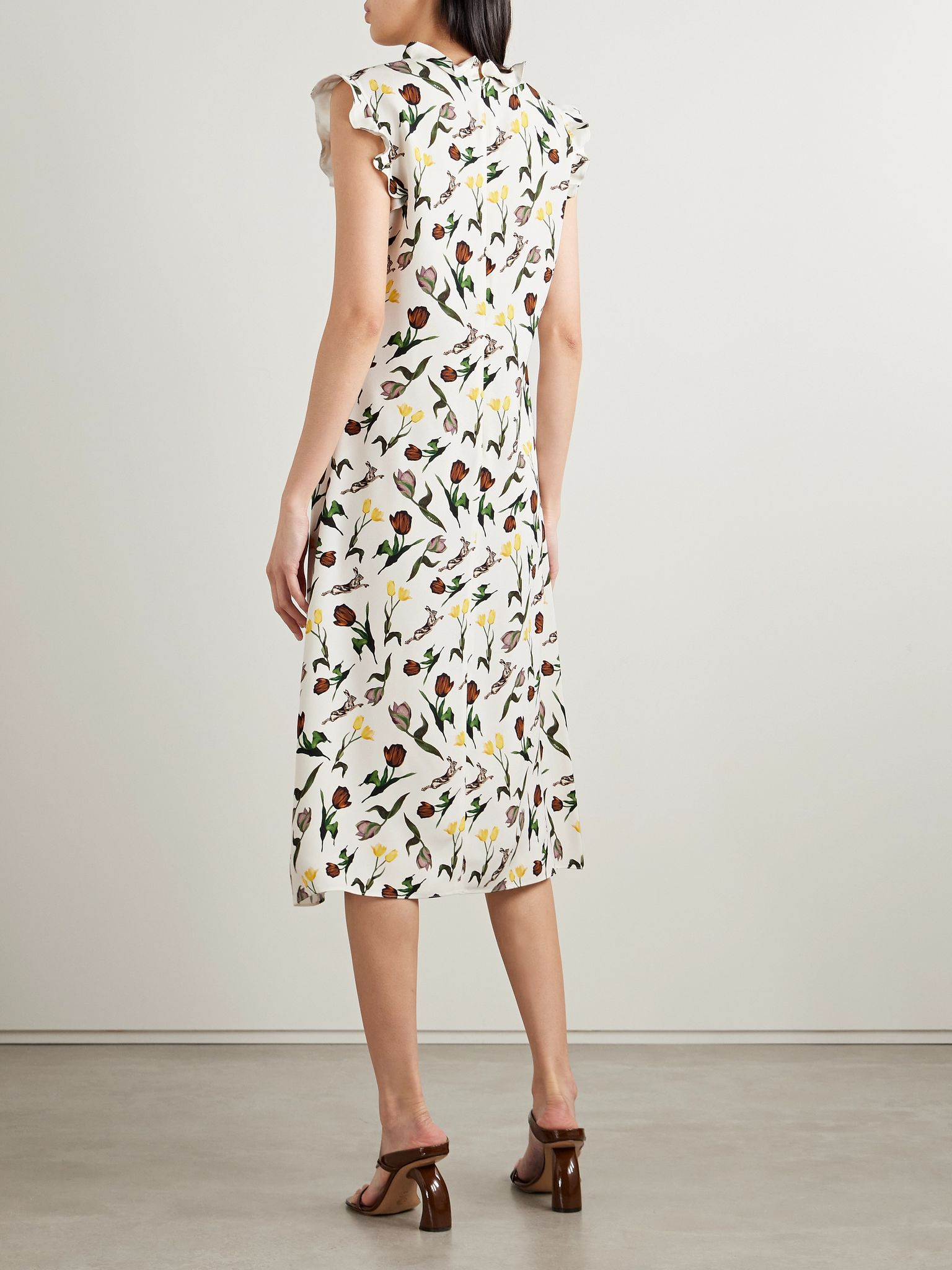 Ruffled printed crepe midi dress White - 3