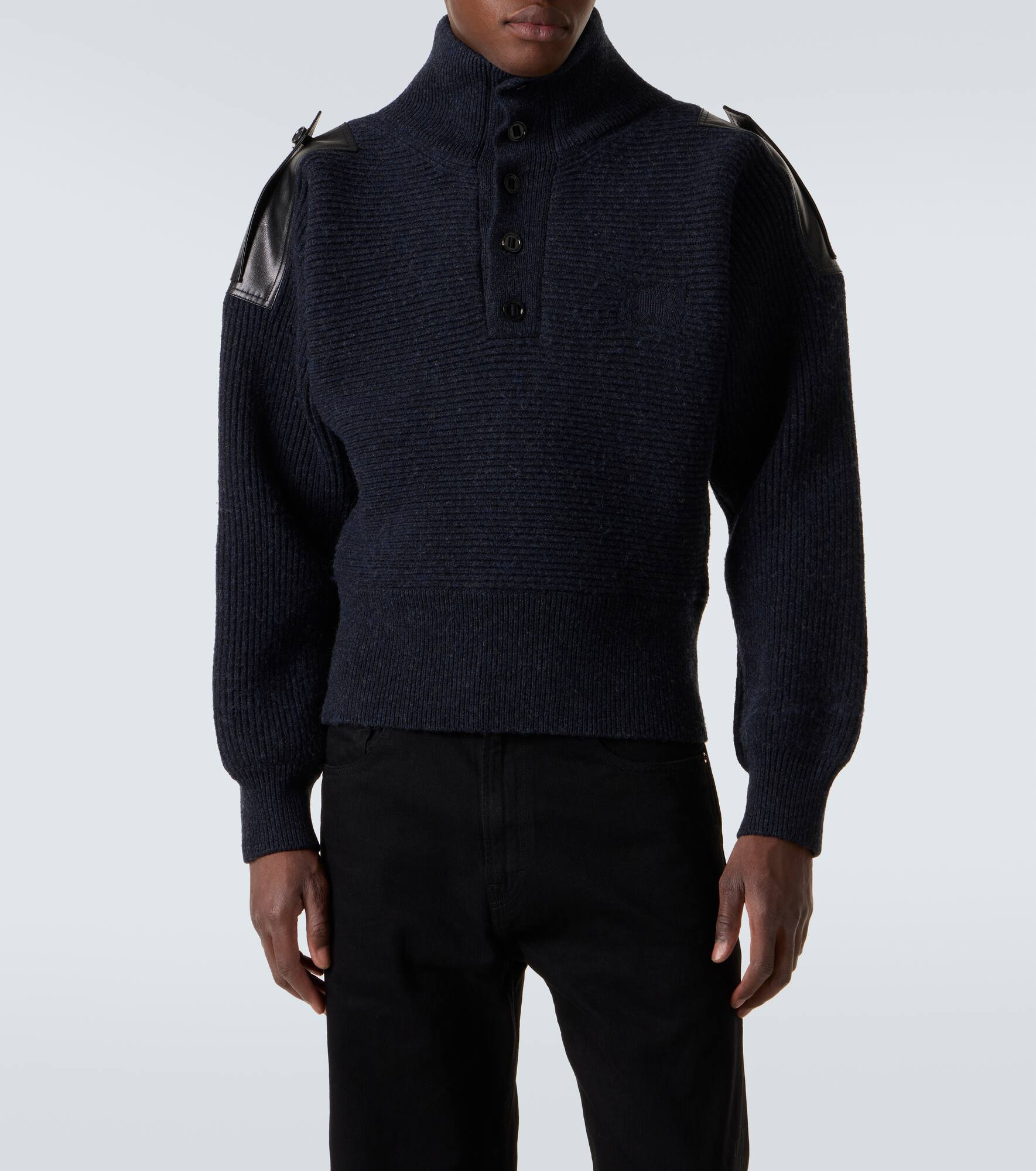 Leather-trimmed wool-blend polo sweater - 3
