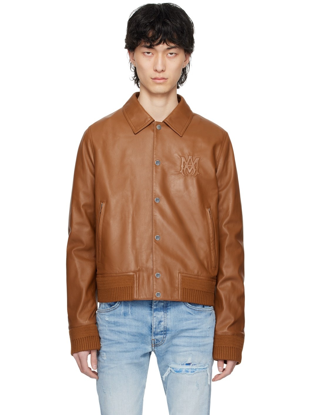 Brown Embossed Leather Jacket - 1