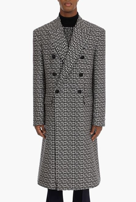 Bicolor ivory and black double-breasted coat with Balmain monogram - 5
