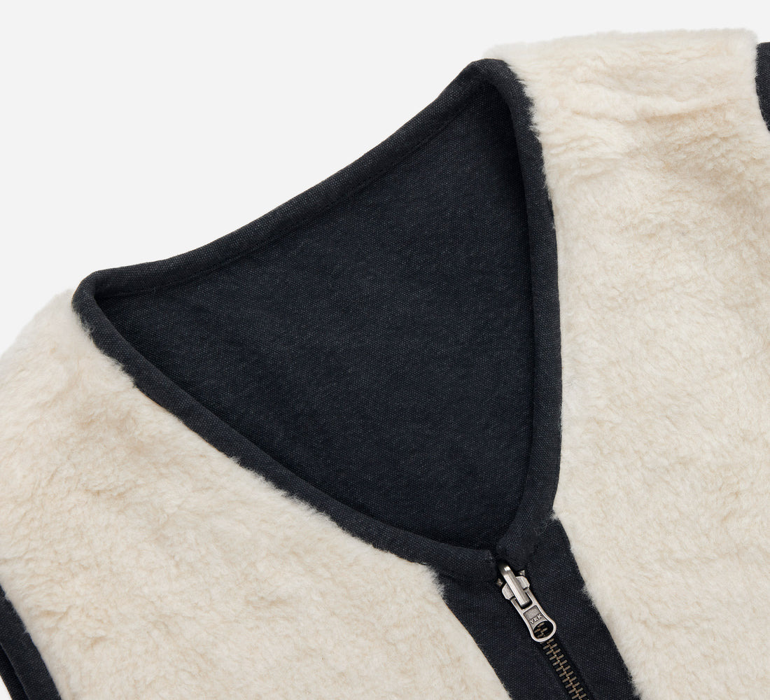 Reversible Work Vest - Black Canvas/Ecru Wool Sherpa - 7