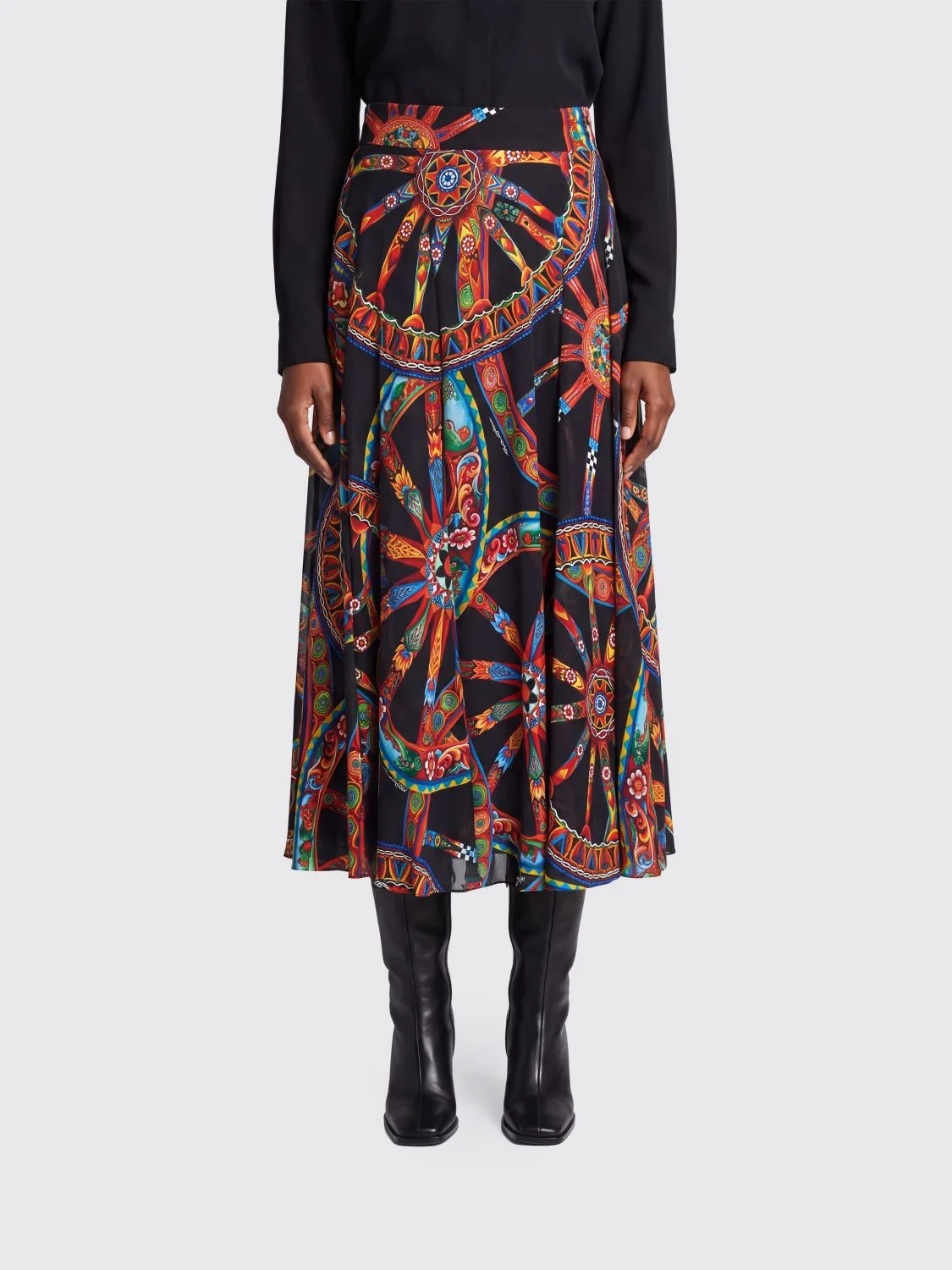 DOLCE & GABBANA Carretto Siciliano Print Silk Blend Flared Midi Skirt - 1