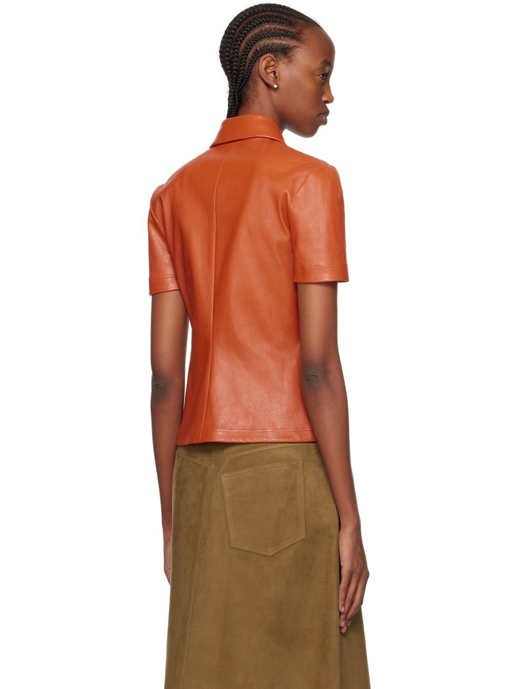 Orange Spread Collar Leather Polo - 3