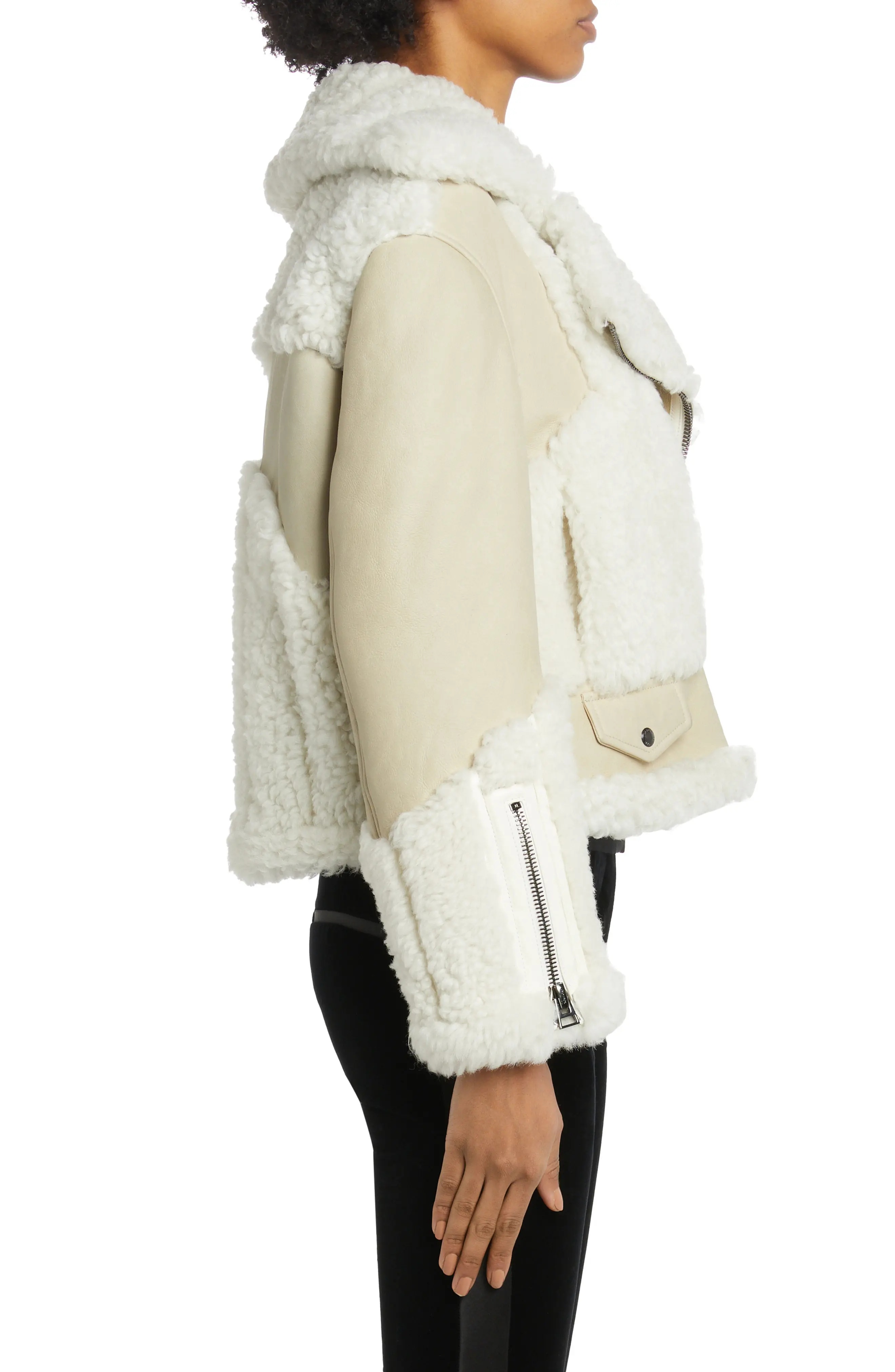 Patchwork Genuine Shearling Moto Jacket - 3