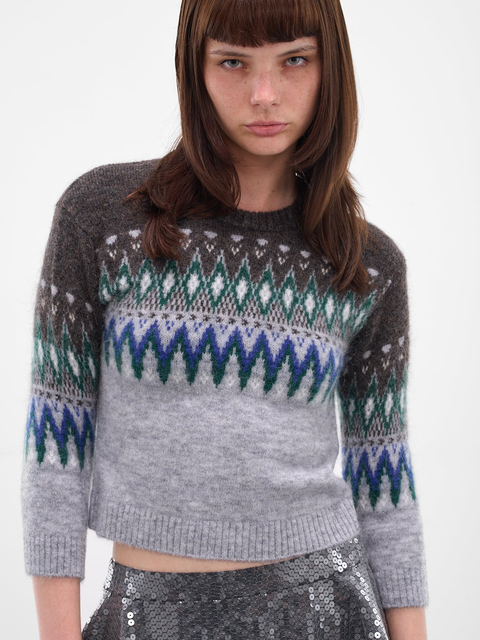 Gray Jacquard Knit Cropped Sweater - 4