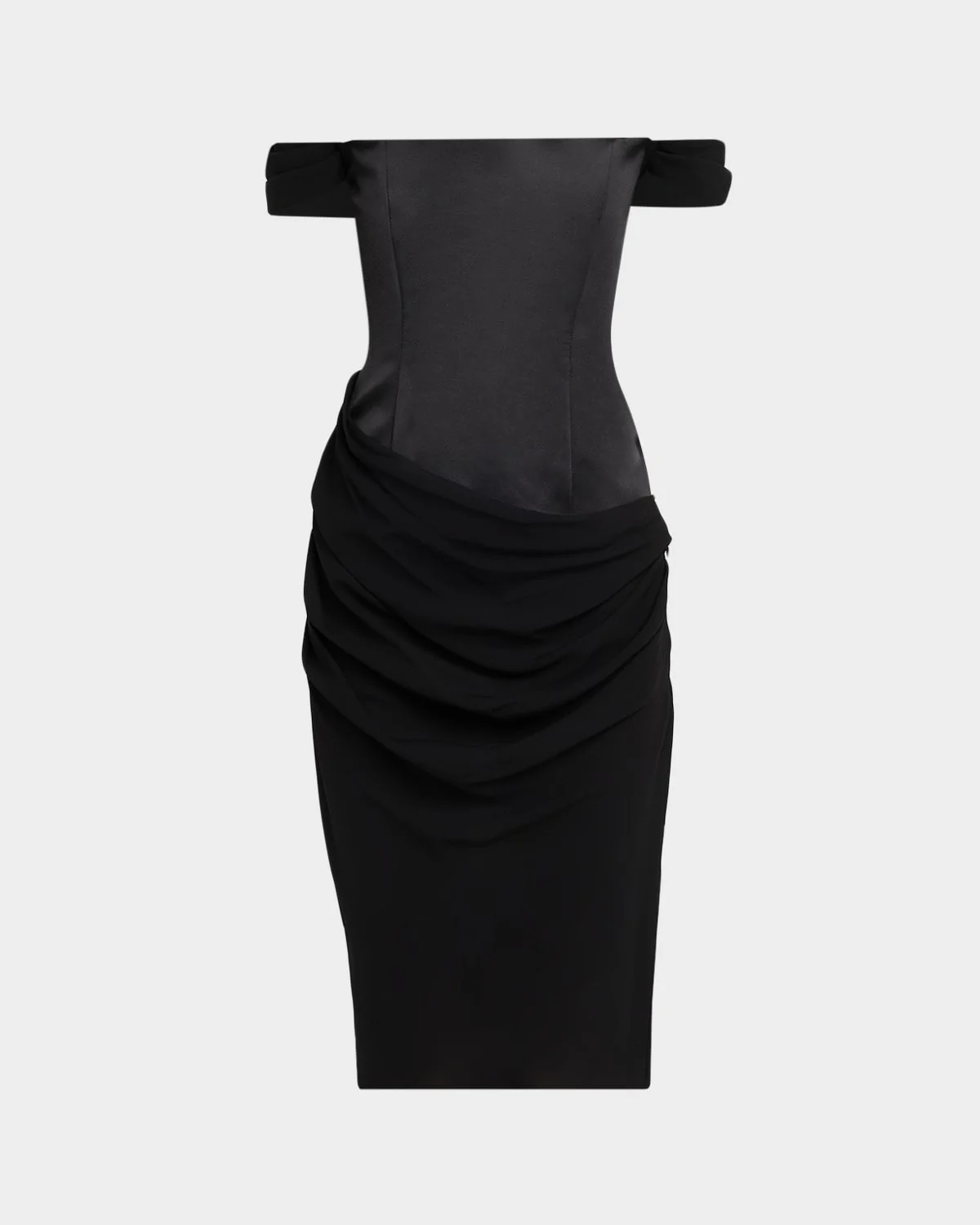 Off-The-Shoulder Draped Satin Corset Midi Dress - 1
