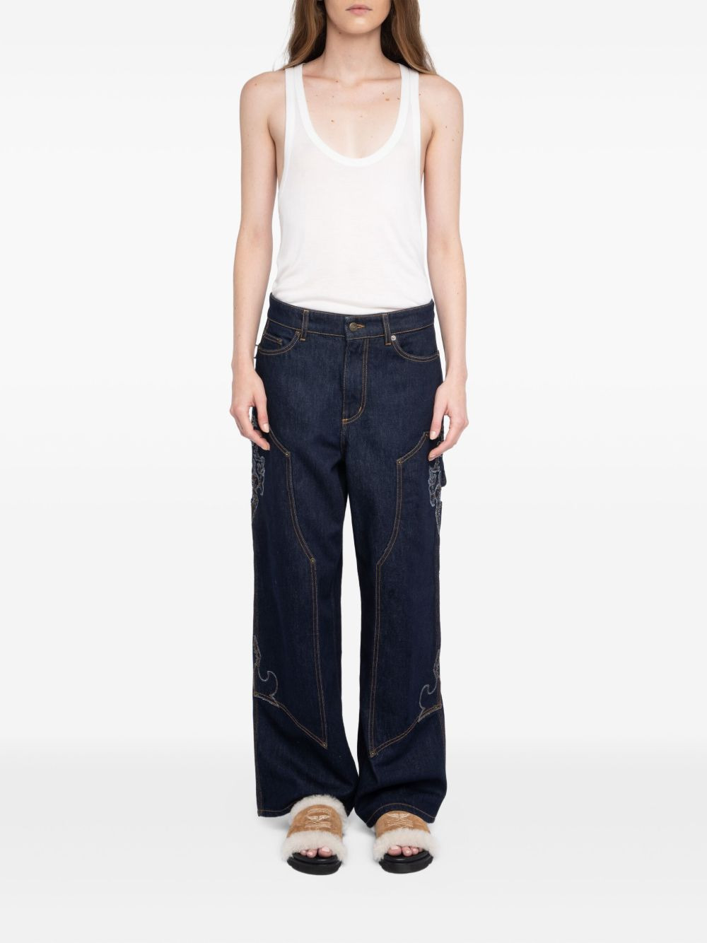 embroidered-details wide-leg jeans - 2