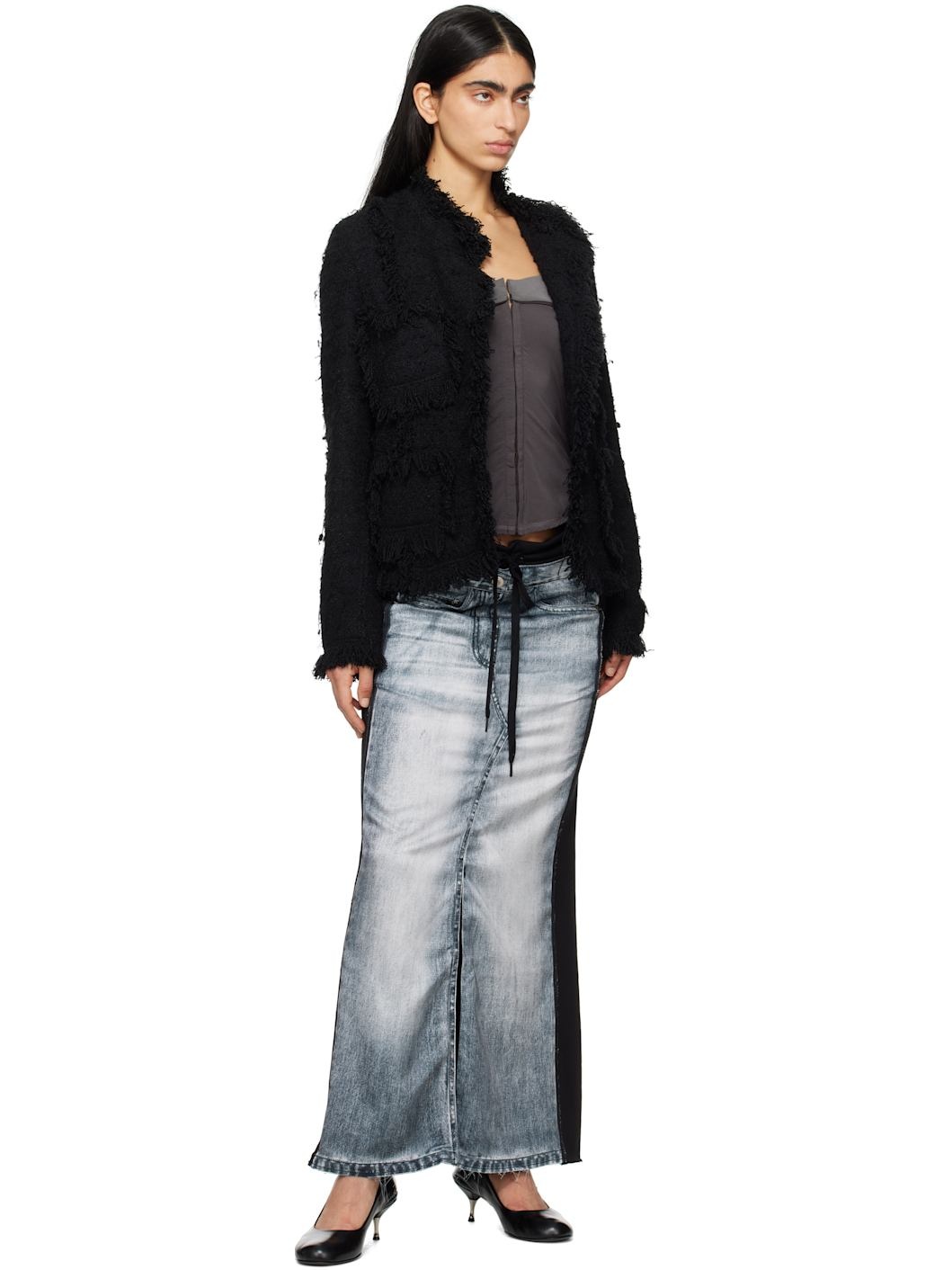 OPEN YY Black & Blue Front Jean Effect Jersey Maxi Skirt