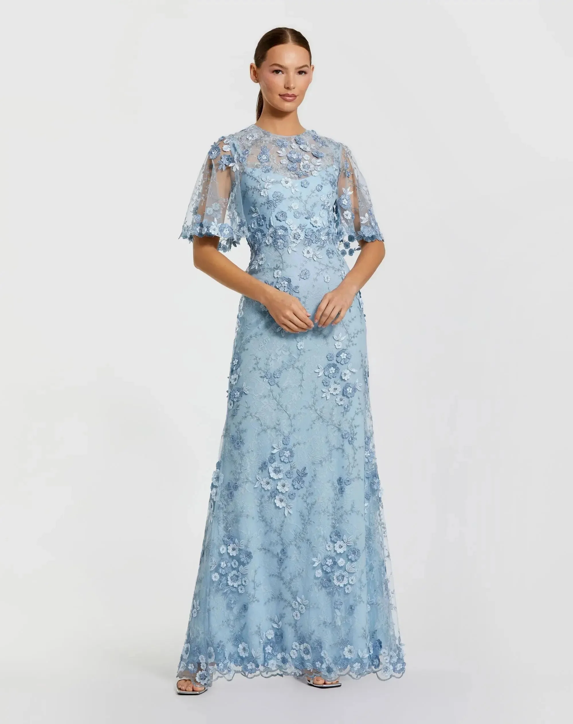 Blue Flutter Sleeve Floral Embroidered Net Gown - 1