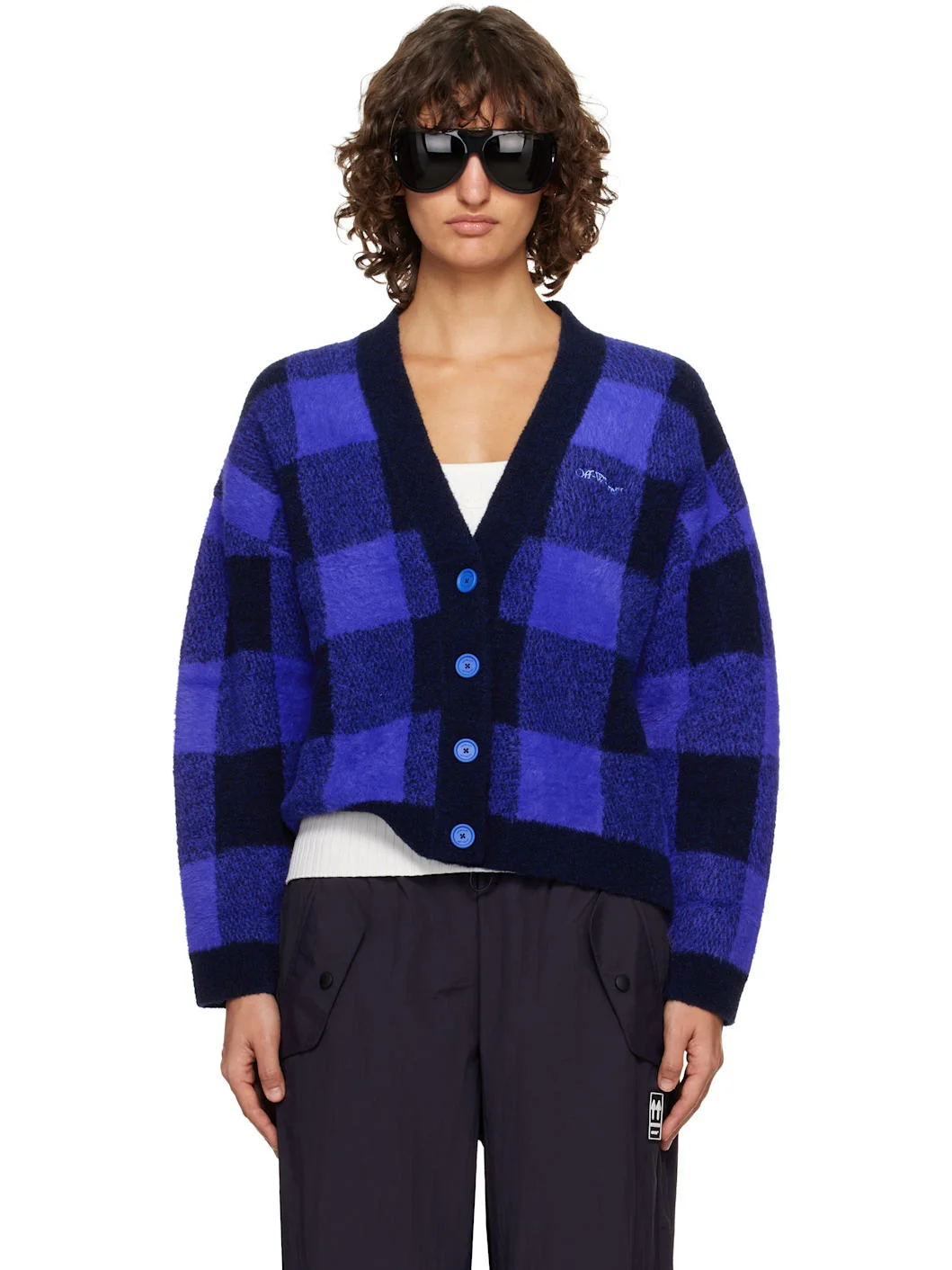 Blue Jacquard Check Knit Cardigan - 1