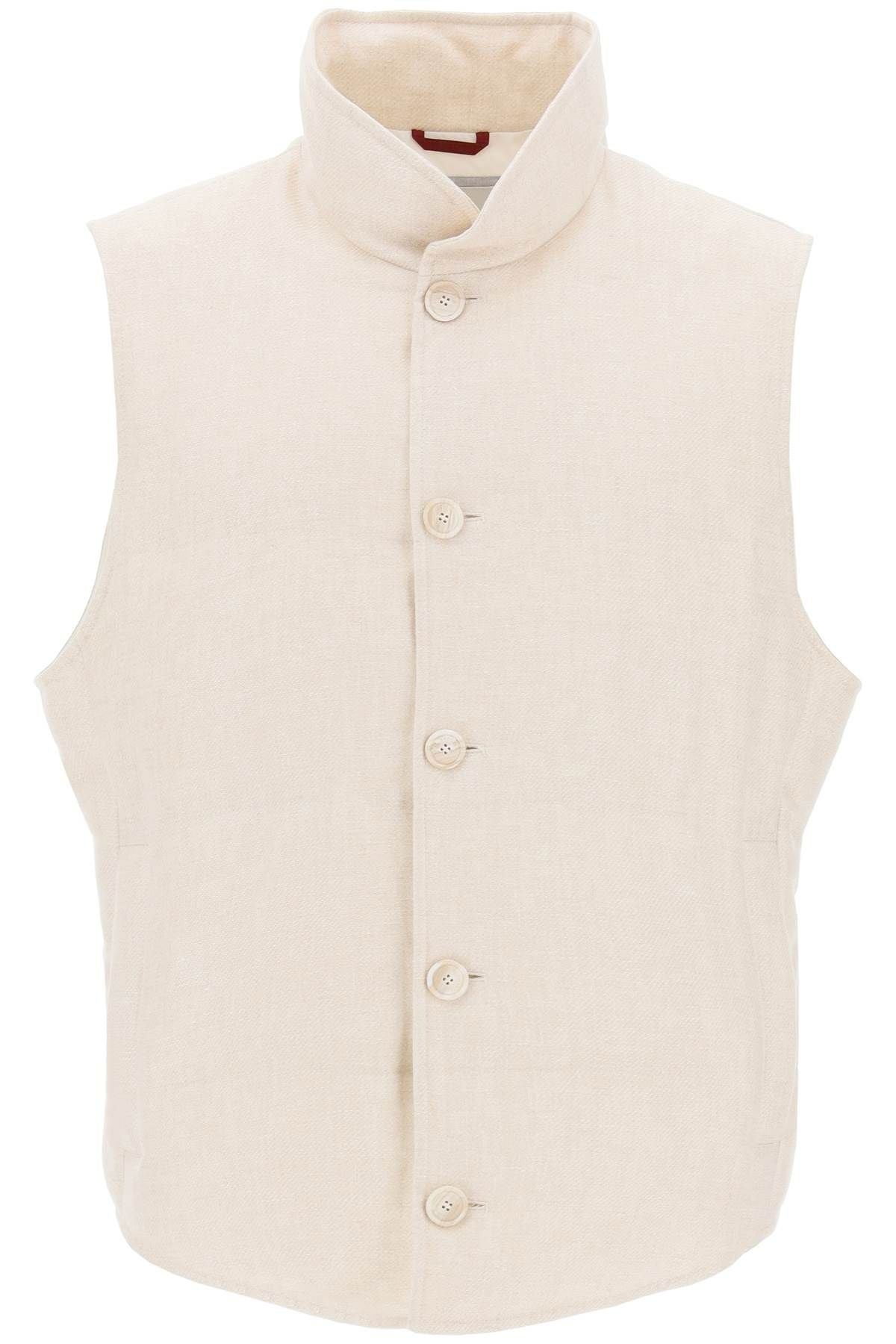 SLEEVELESS DOWN JACKET IN LINEN, - 1