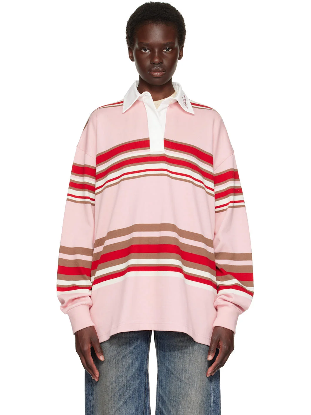 Pink & Red Striped Oversized Long Sleeve Polo - 1