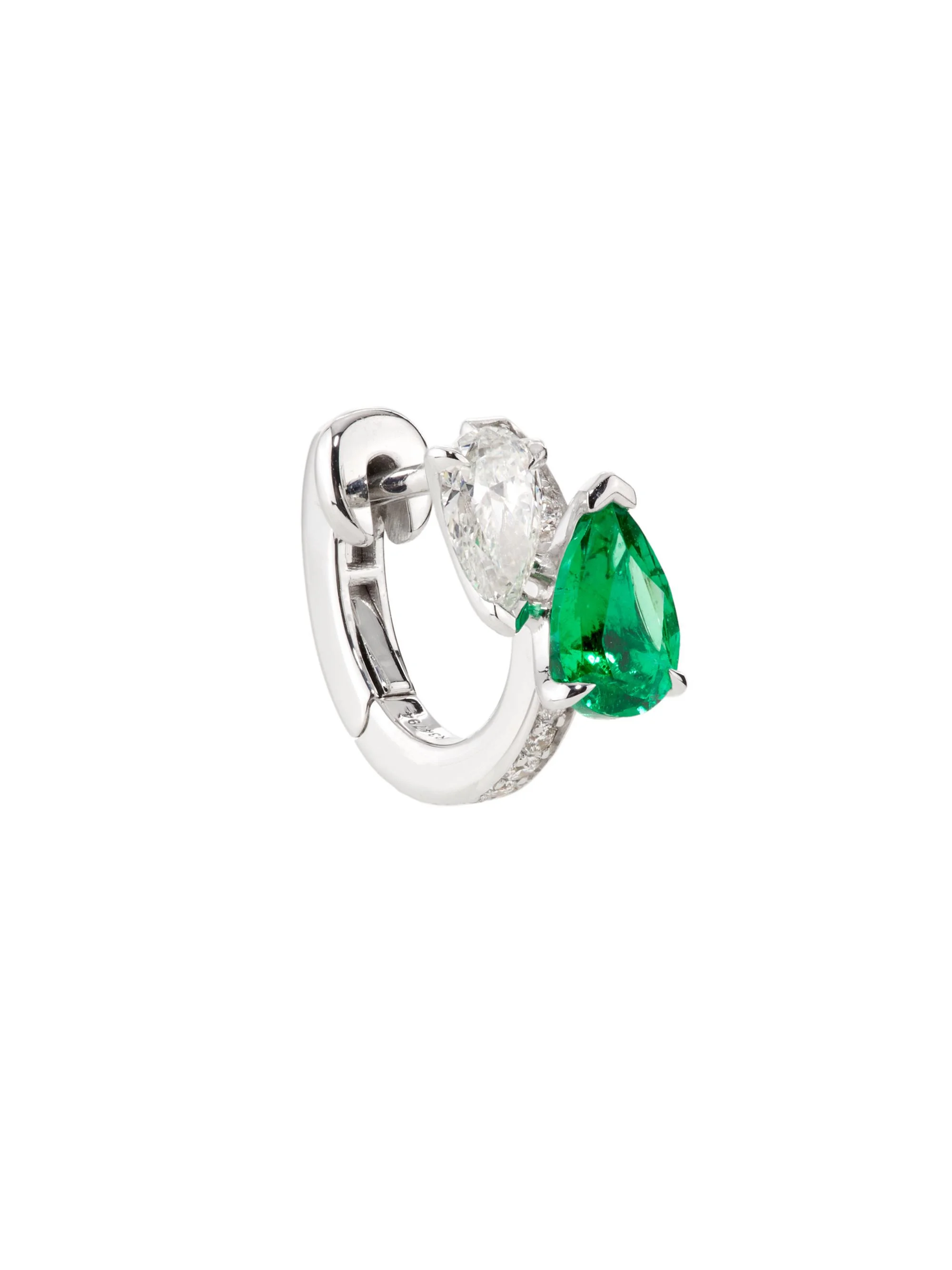 Women's Serti Sur Vide 18K White Gold, Emerald & 0.28 TCW Diamond Single Huggie Hoop Earring - Left - 1