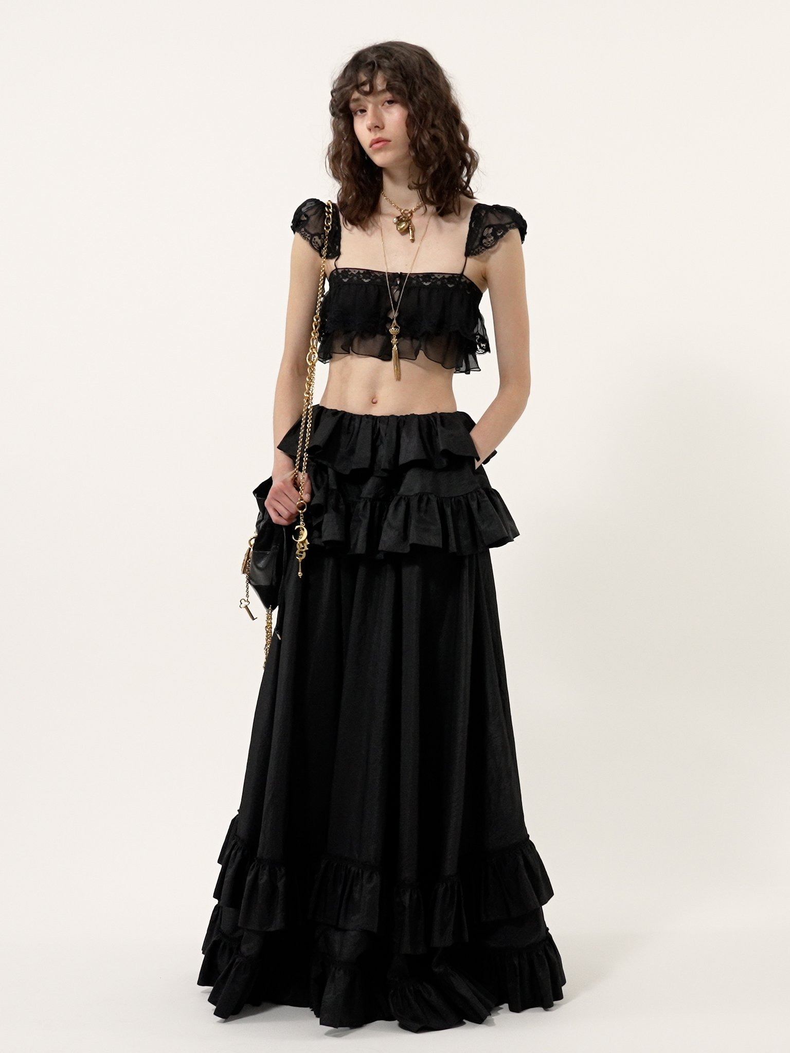RUFFLED BRALETTE IN SILK MOUSSELINE & LACE - 5