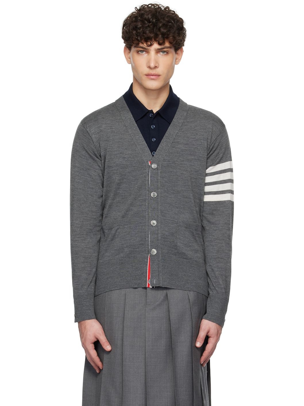 Gray Wool Classic V-Neck Cardigan - 1